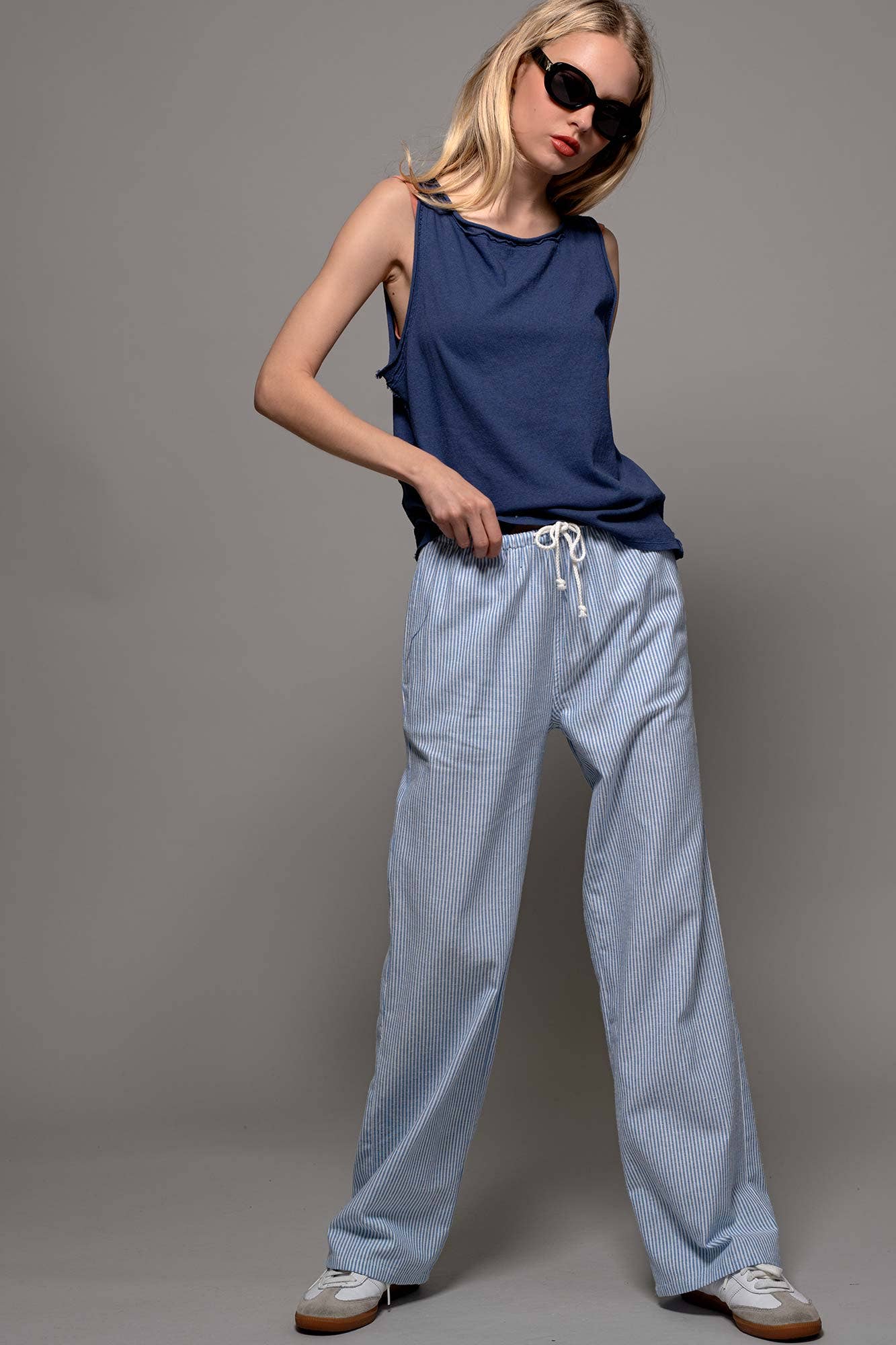 Blue Pinstripe Drawstring Wide Leg Lounge Pants 926 WEST