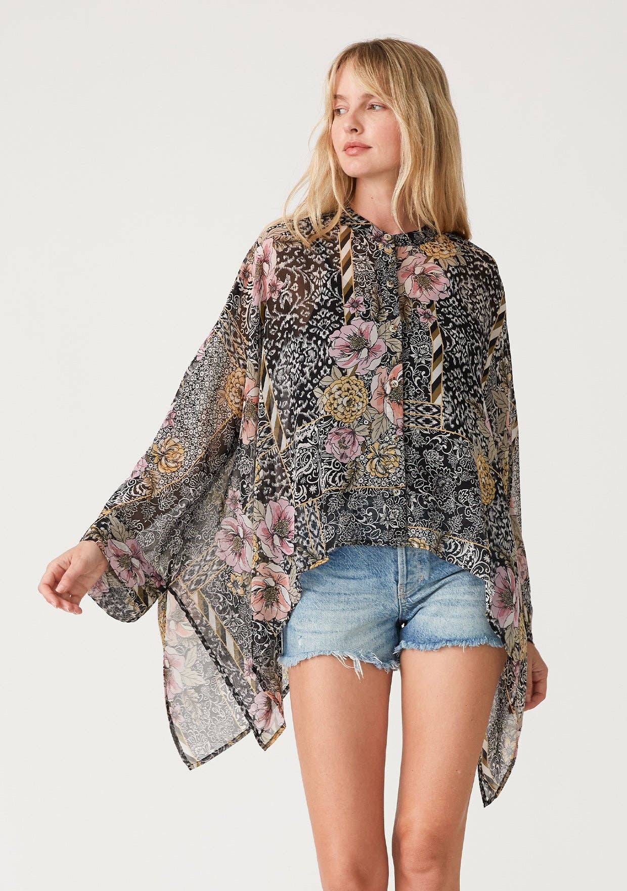 Sheer Floral Asymmetric Button Front Blouse 926 WEST