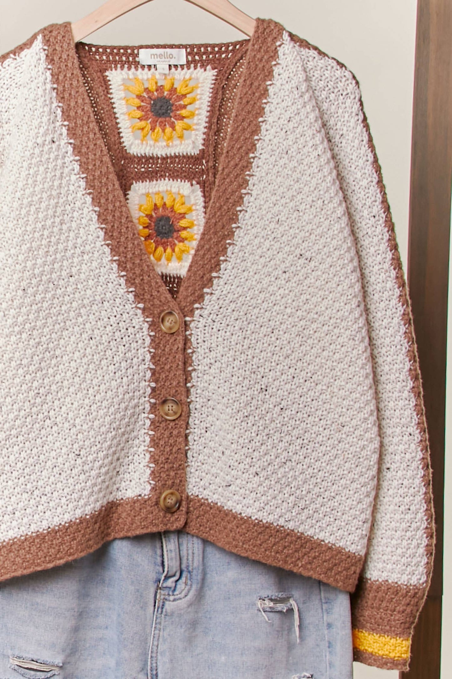 Color Block Sunflower Crochet V Neck Cardigan Mello.