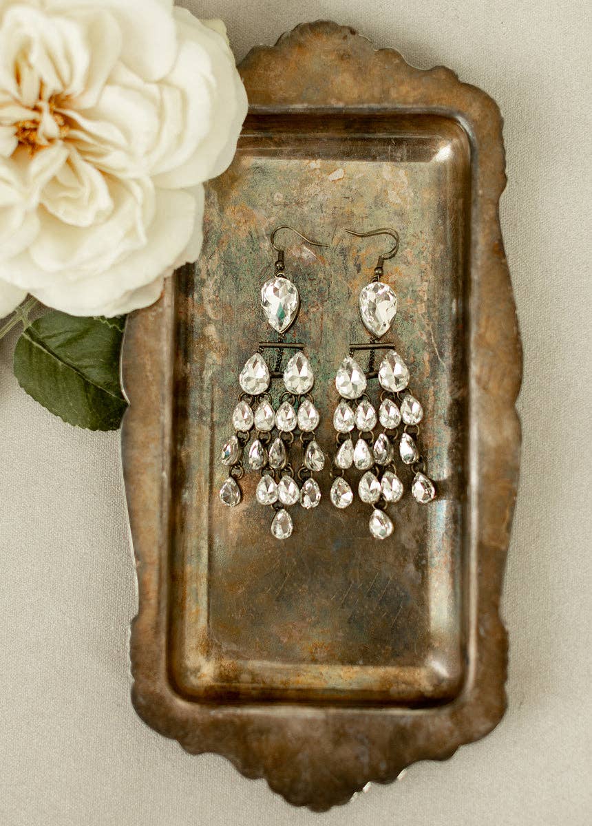 Joyfolie Melina Rhinestone Drop Earrings in Antique Brass
