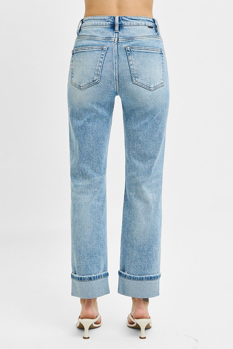 RISEN Tummy Control High Rise Crop Straight Roll Up Jeans