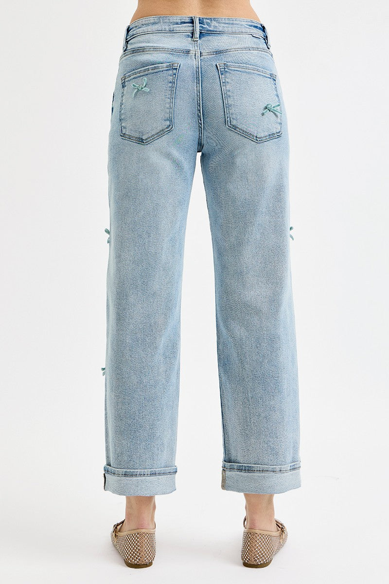 Risen High Rise Crop Barrel Ribbon Detail Jeans