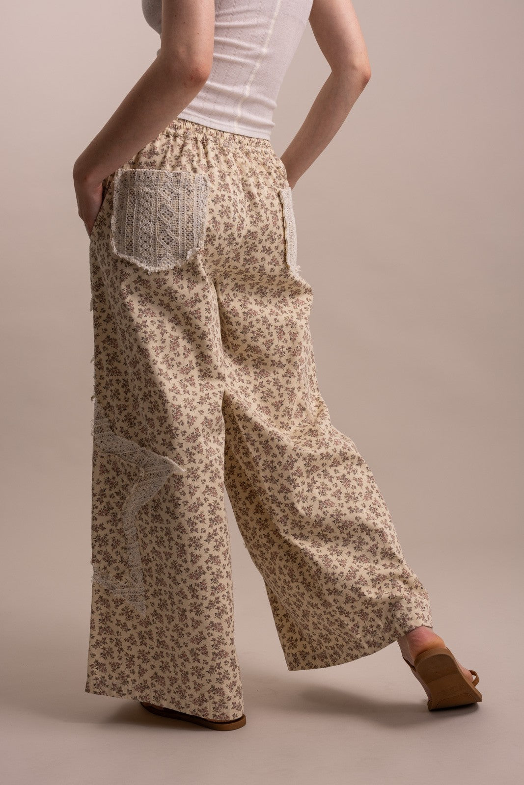 Bluevelvet - Lace Patchwork Floral Print Waist Wide Leg Pants - 926 West