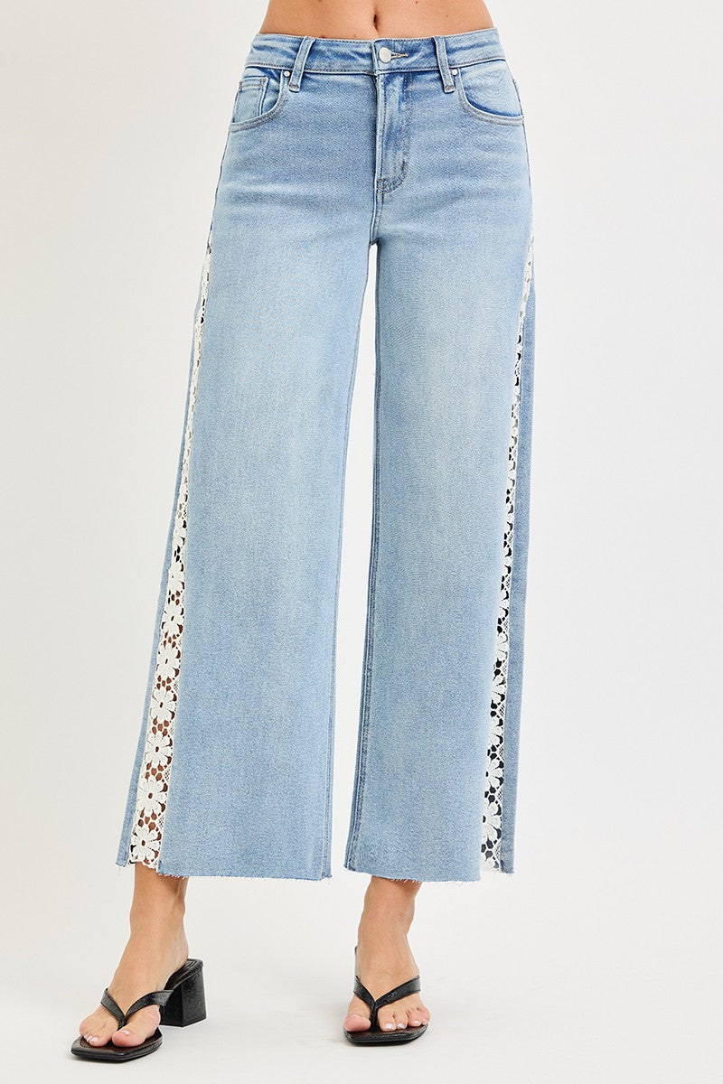 Risen -High Rise Crop Wide Flower Lace Jeans