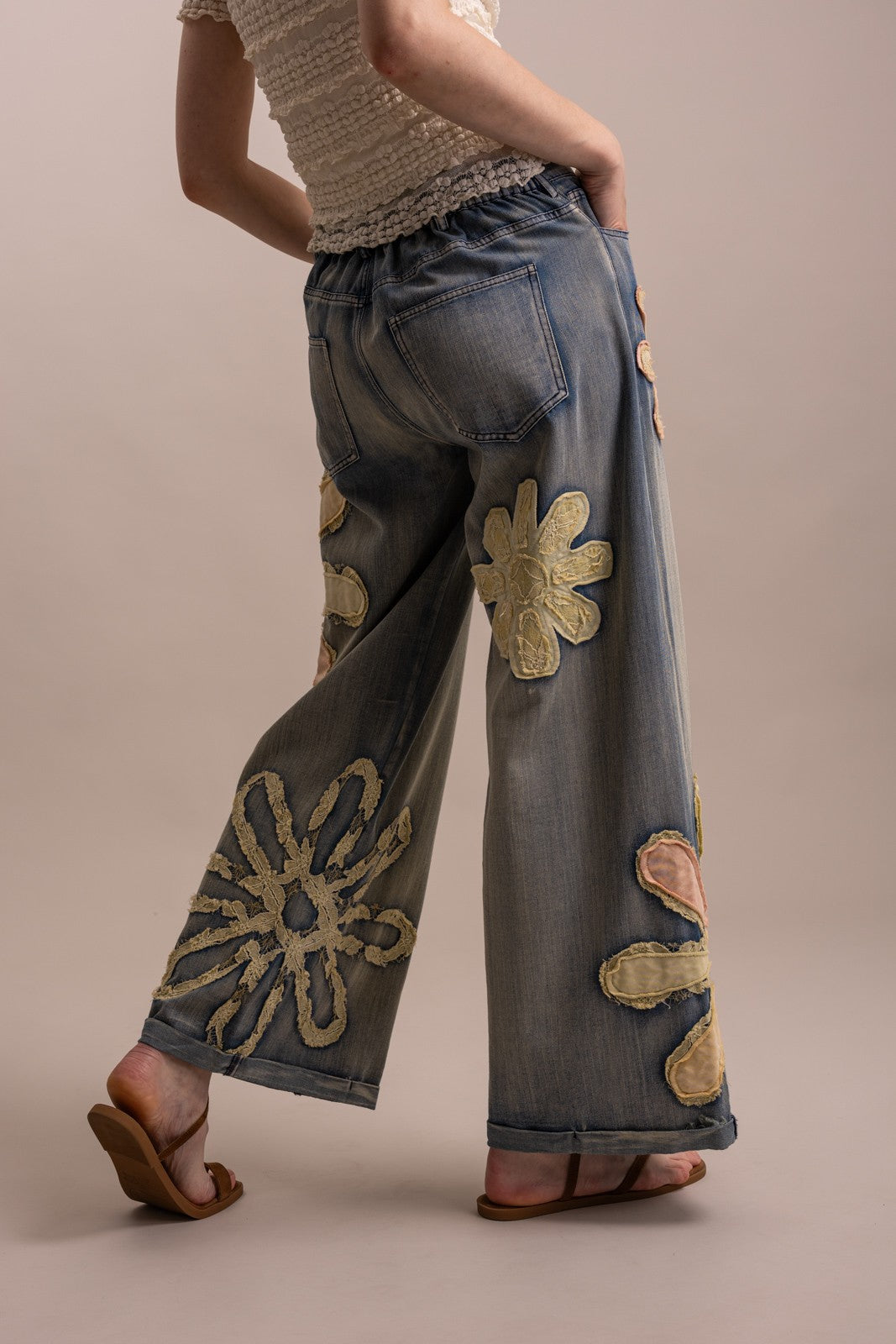 Flower Patchwork Wide Leg Denim Pants