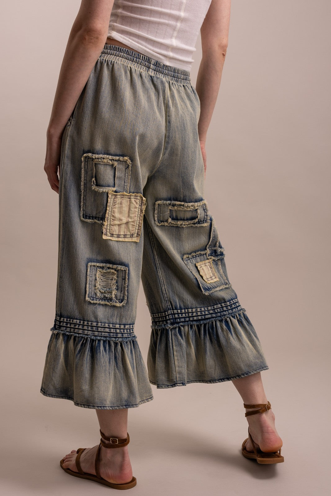 Bluevelvet - Patchwork Waist Ruffle Hem Pant