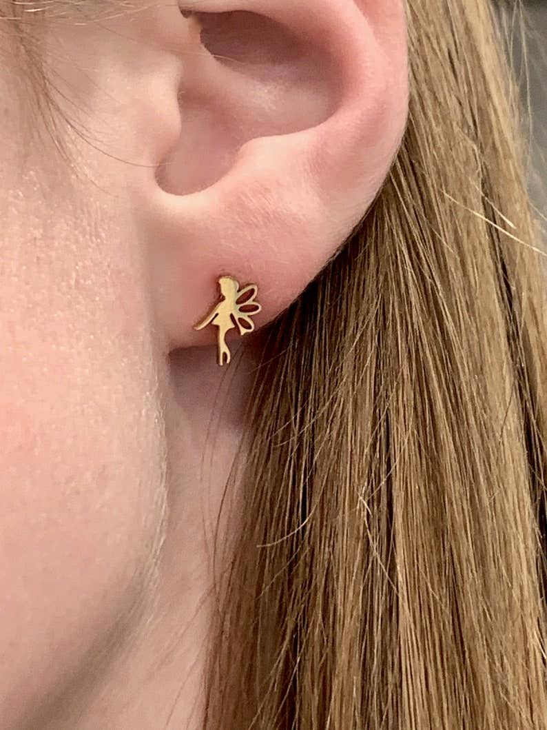 Tinkerbell Fairy Earrings, Gold Stud Hypoallergenic Earrings Steele Sloan Designs