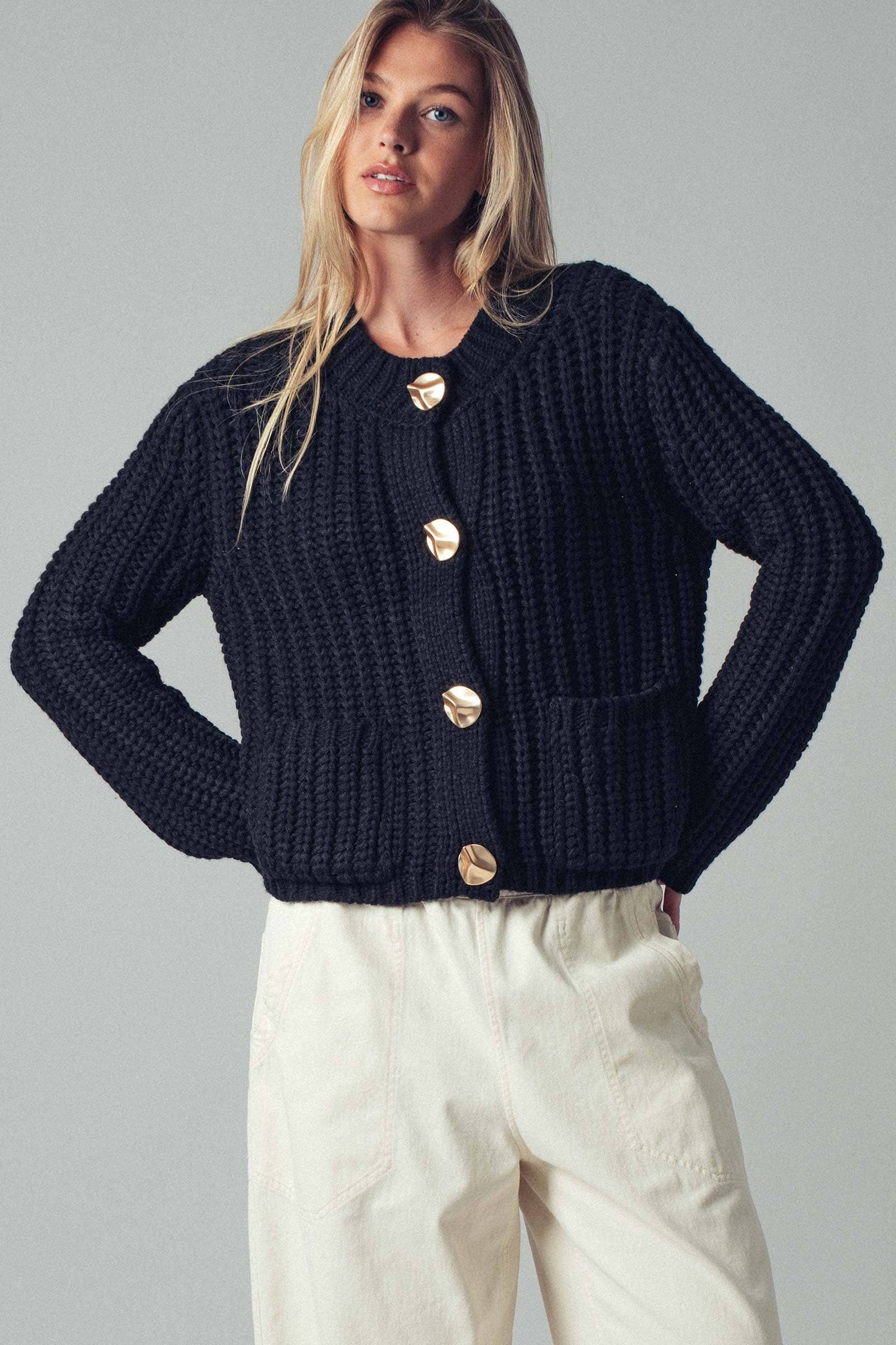 Chunky Gold Button Ribbed Knit Cardigan Urban Daizy