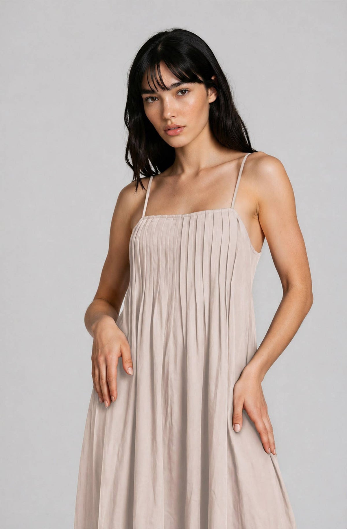 Light Khaki Pintuck Midi Sundress