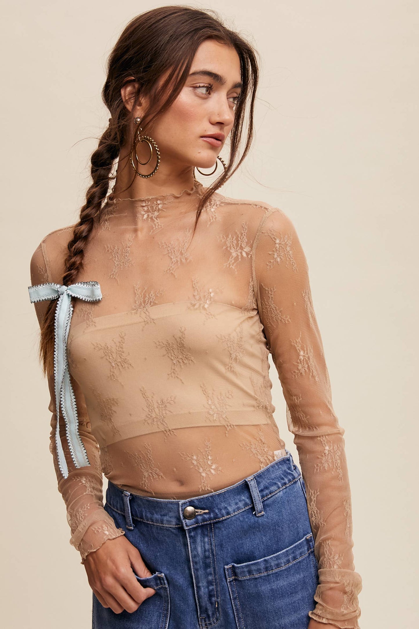 Listicle - Sheer Lace Long-Sleeve Top