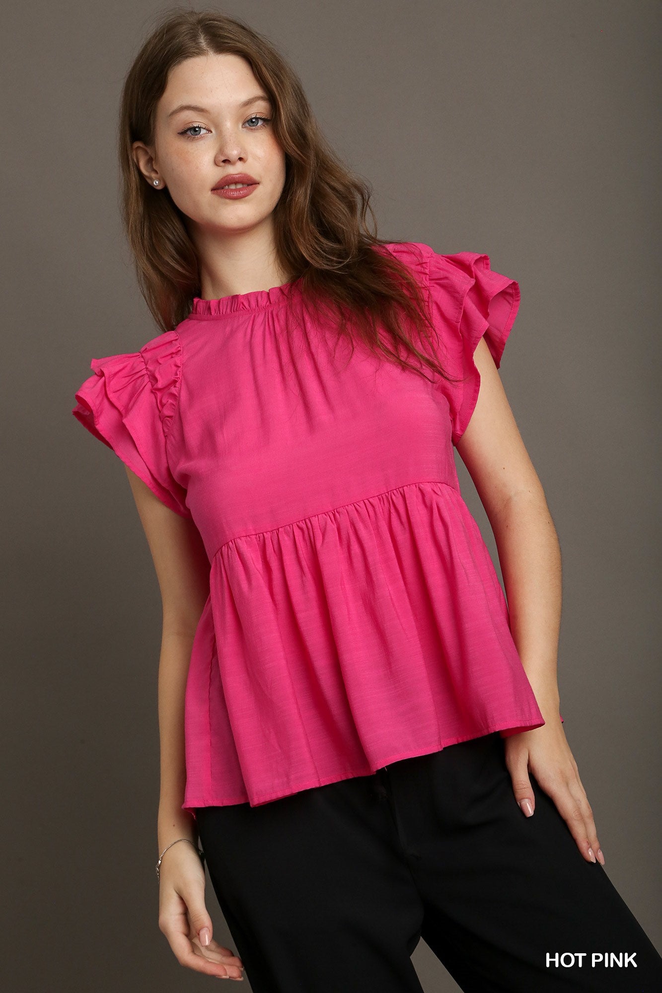 UMGEE - Ruffle Round Neck Top Hot Pink - 926 West