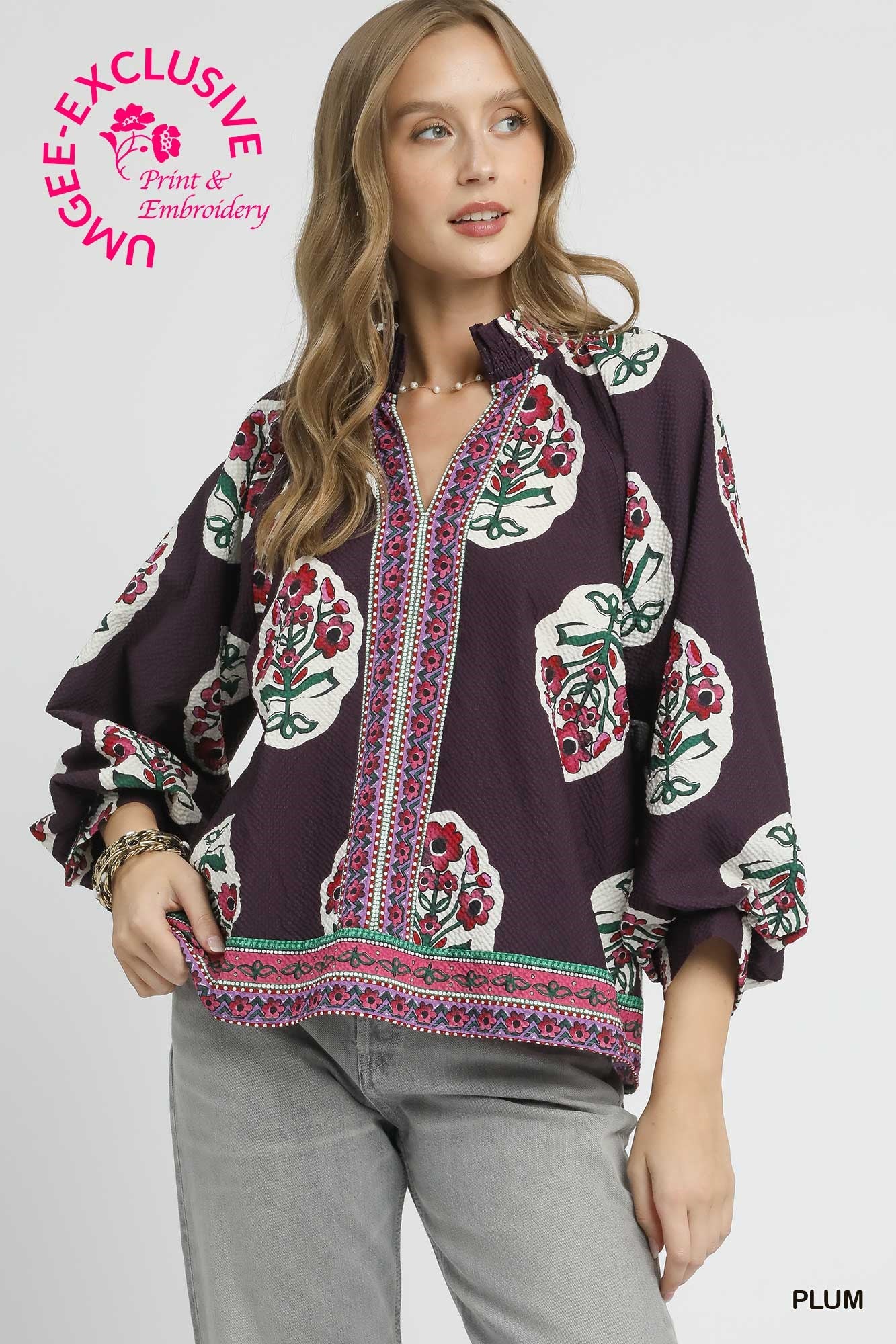 UMGEE Boho Floral Print Tunic Top