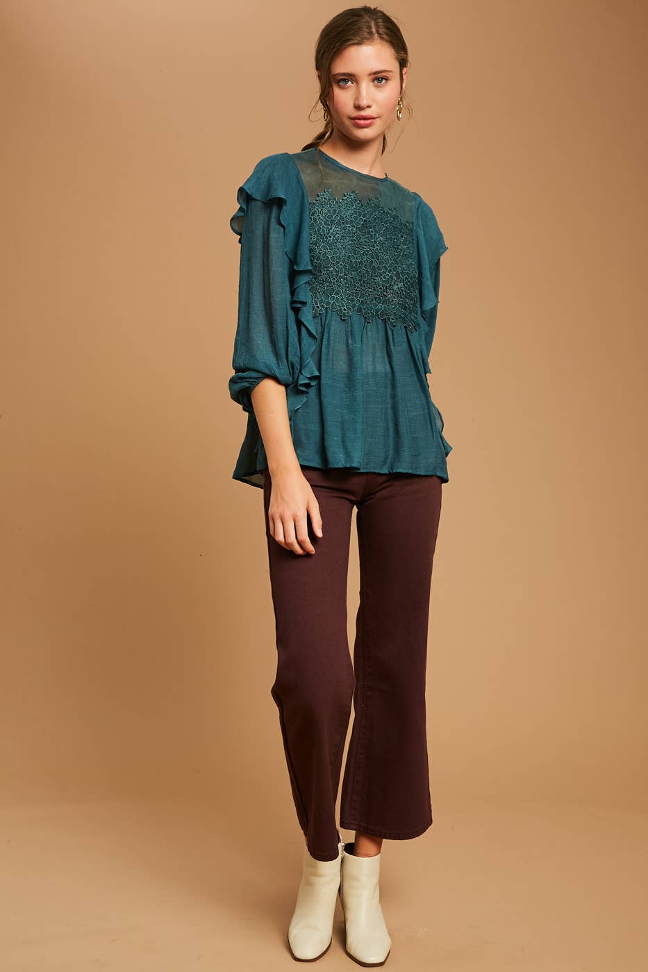 Emerald Green Floral Lace Ruffle Peasant Blouse