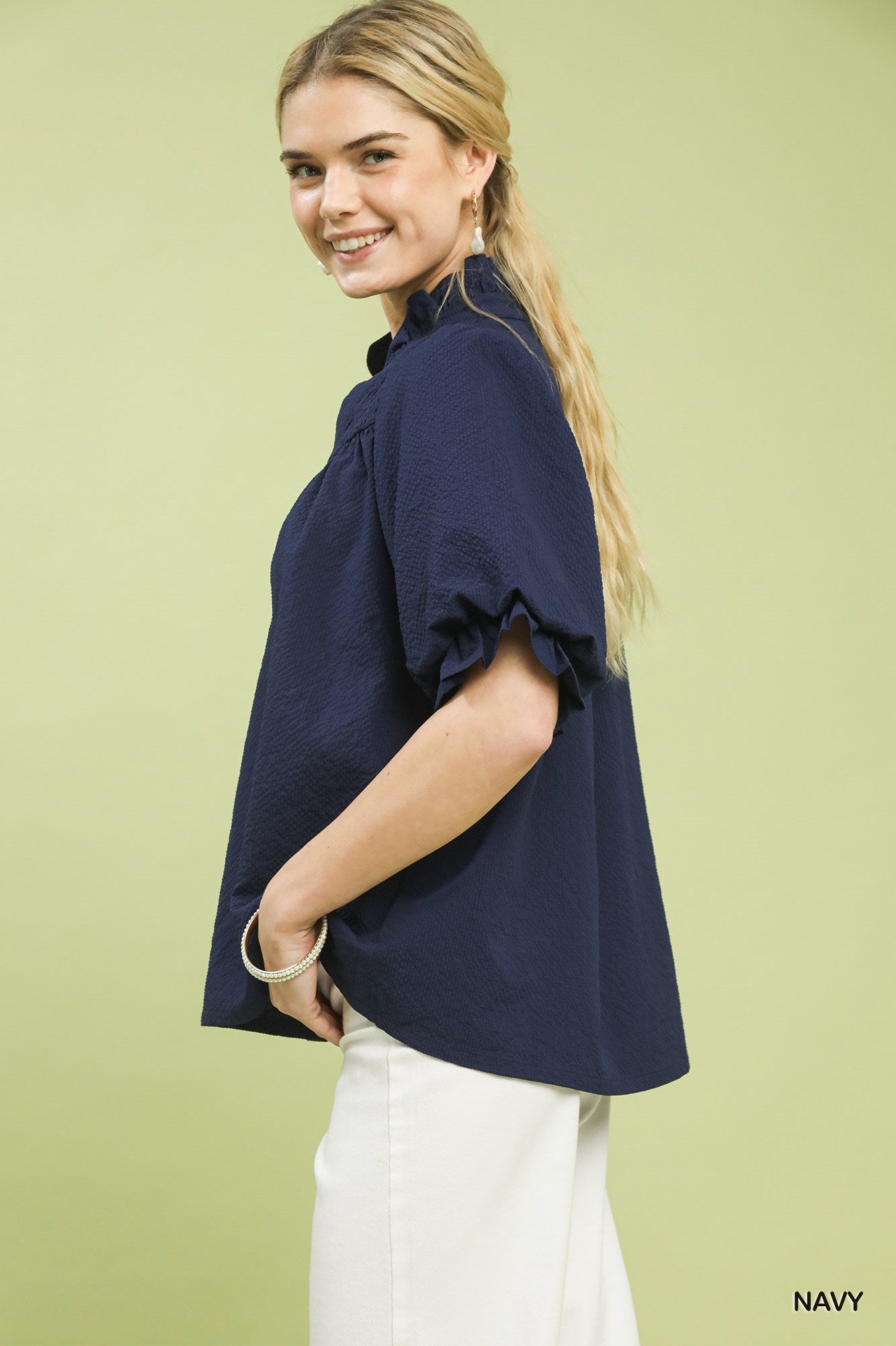 UNGEE - Textured Smocked Yoke Split-Neck Top