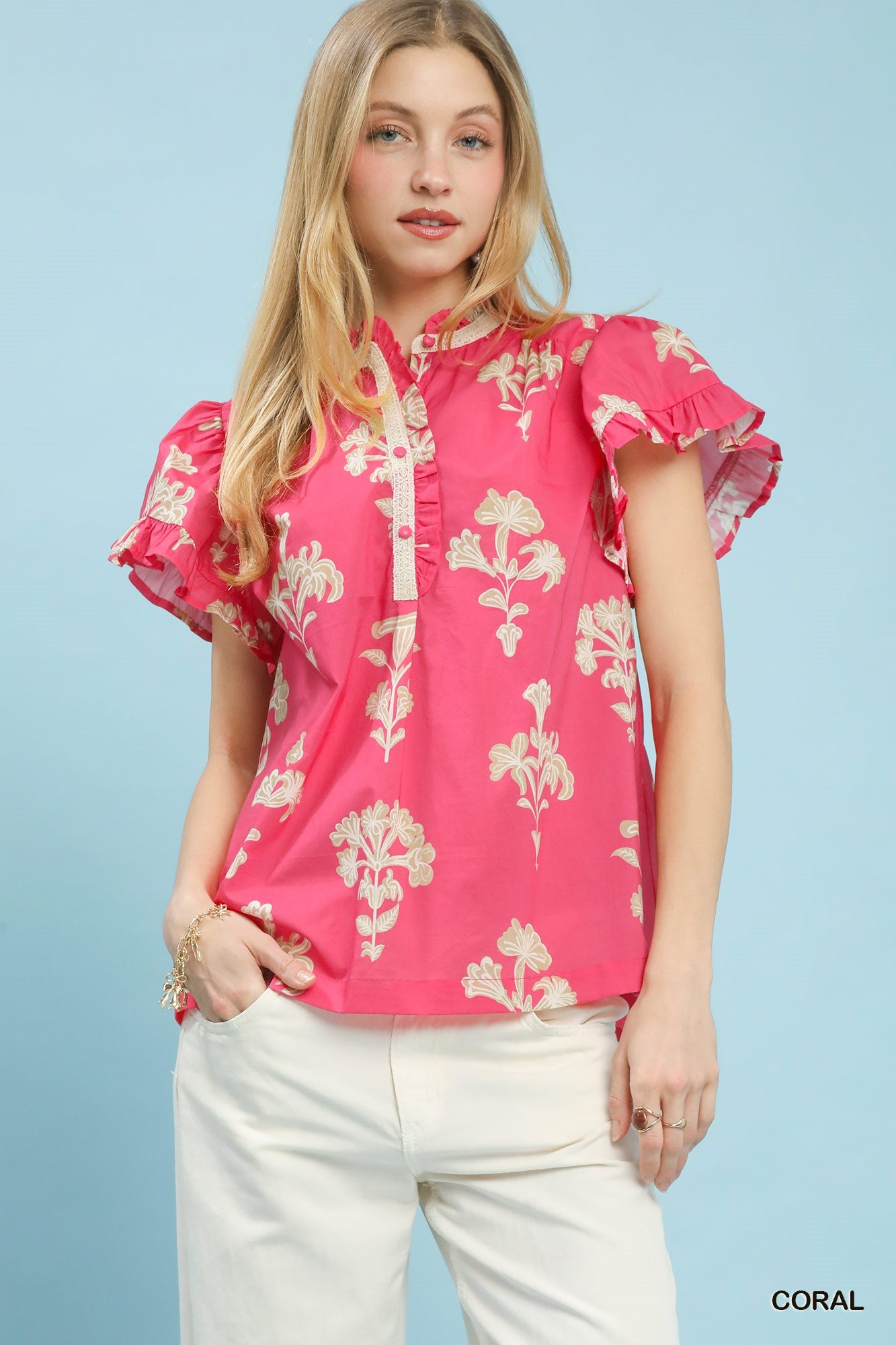 UMGEE - CORAL Floral Ruffle Sleeve Split-Neck Top - 926 West