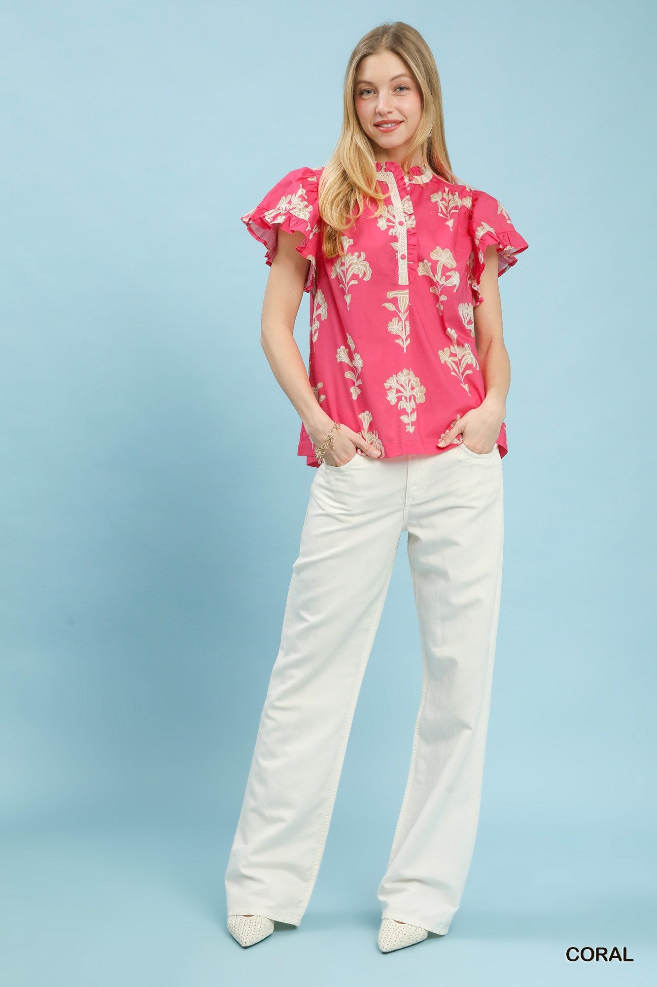 UMGEE - CORAL Floral Ruffle Sleeve Split-Neck Top - 926 West