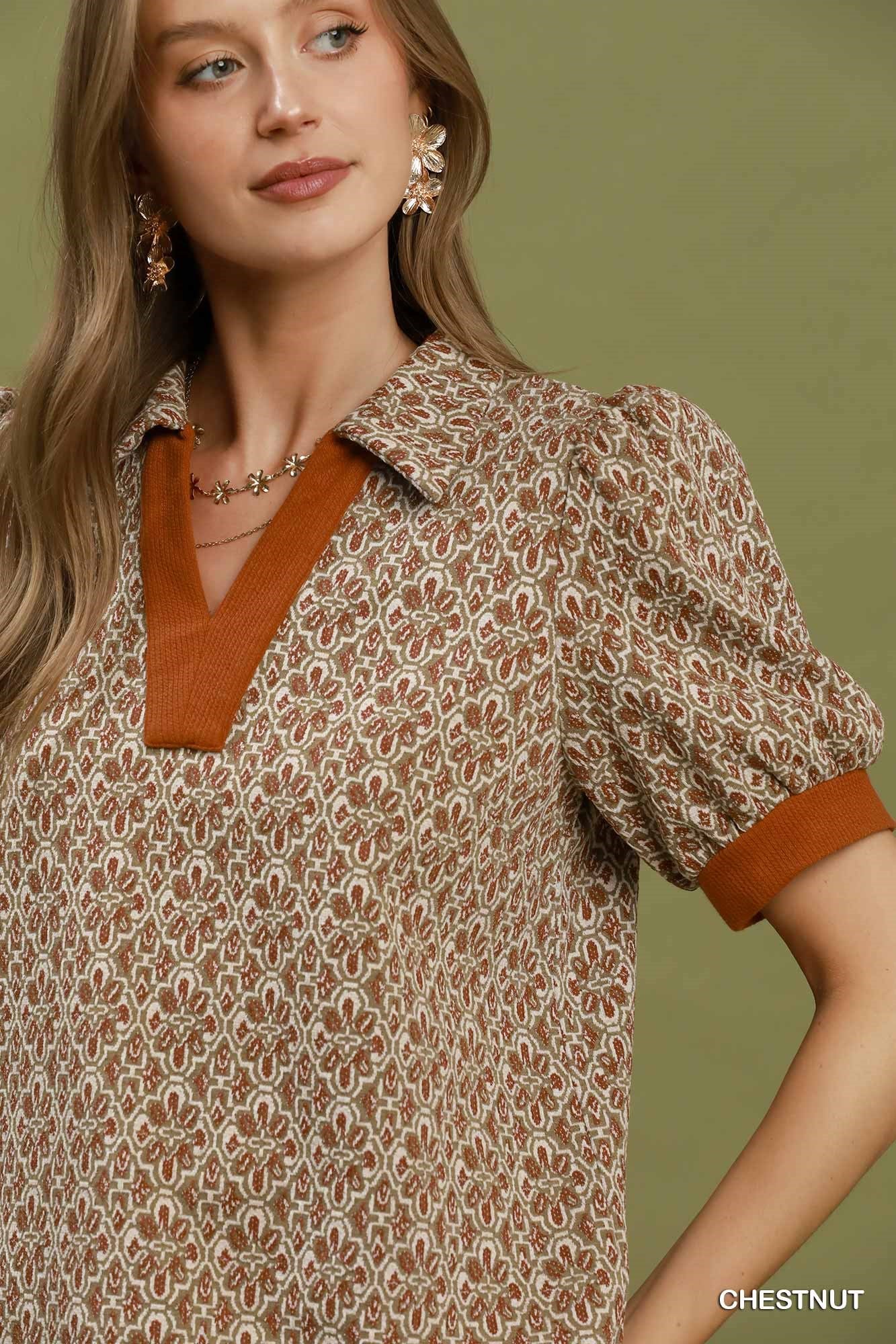 Umgee Plus Size Printed Collared Puff Sleeve Top