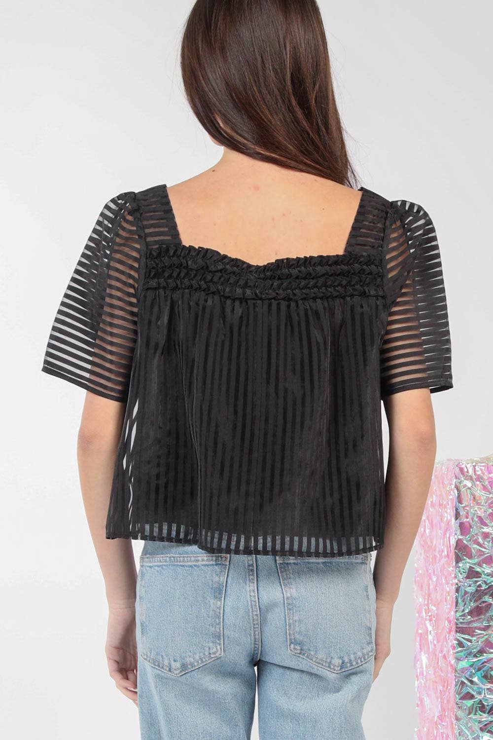 VERY J - Puff Sleeve Organza Stripe Sheer Blouse Top - 926 West