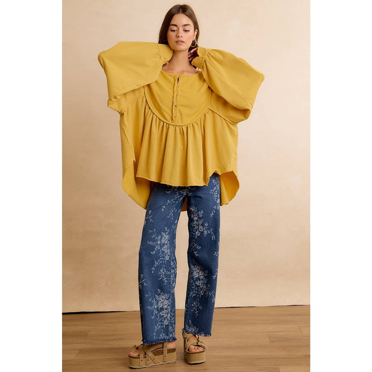BiBi Vintage Floral Vine Wide-Leg Jeans