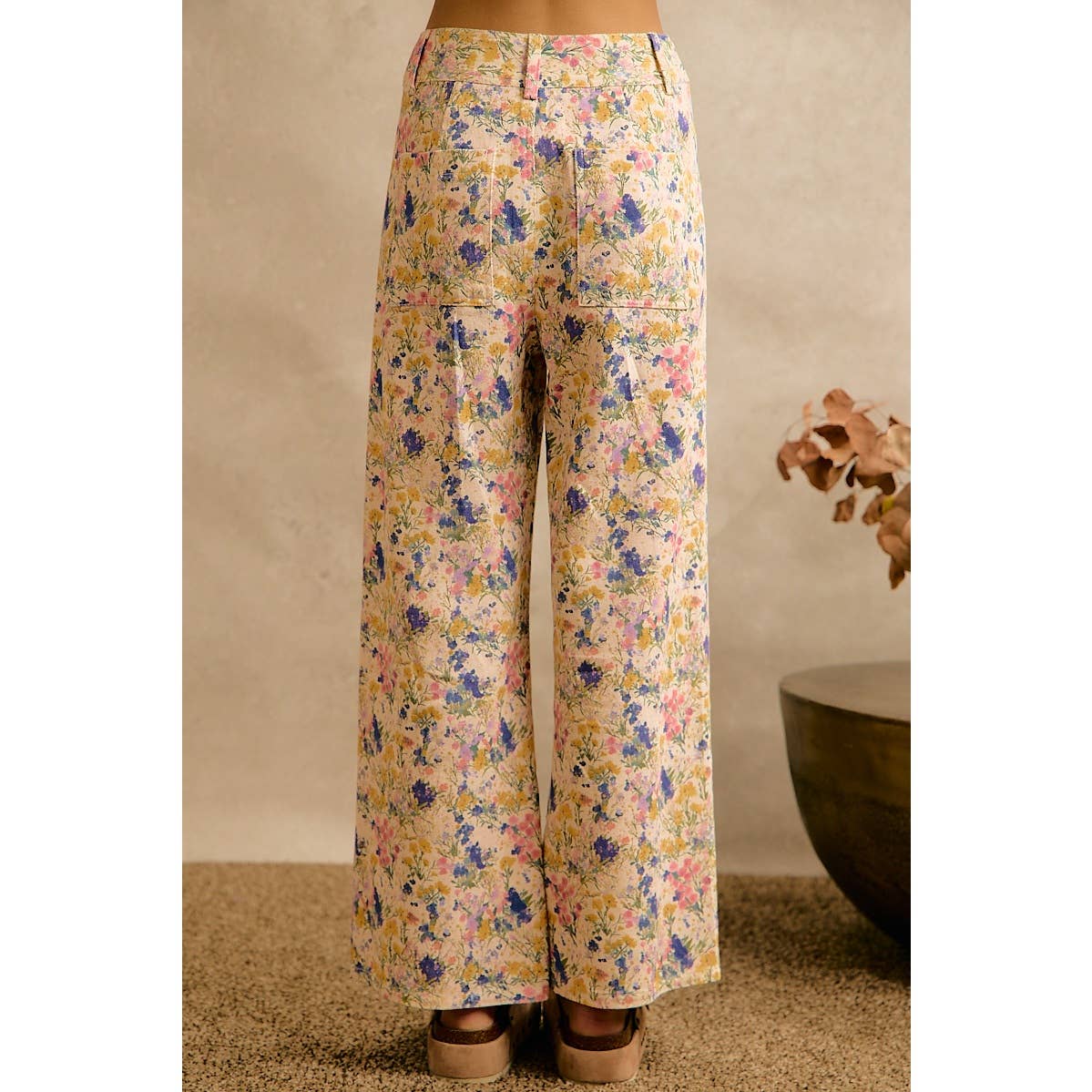 Floral Print Twill Wide Leg Pants