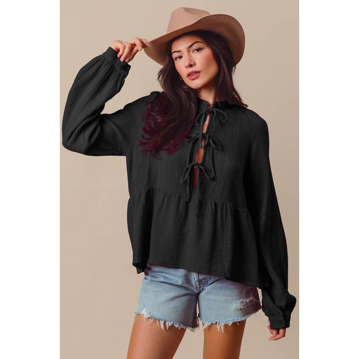 Black Stone-Washed Crinkle Gauze Tie-Front Top