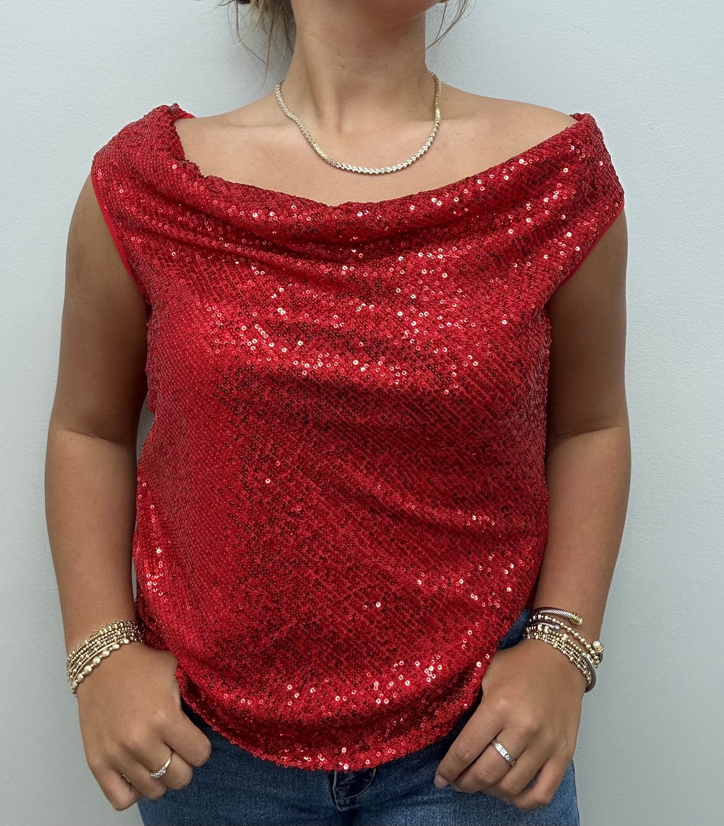 DRAPE NECK SHIMMER TANK RED Pine Apparel