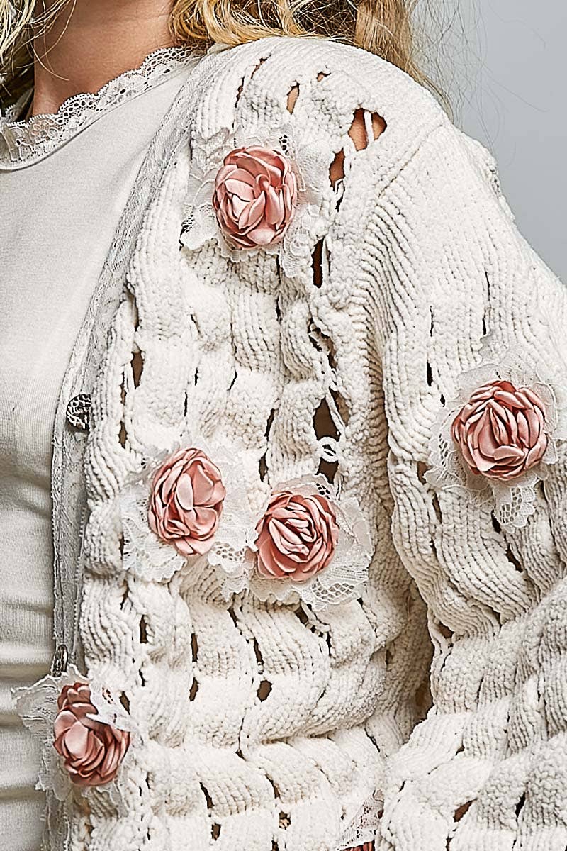 Flower Lace Patch Rib Band Solid Chenille Sweater Cardigan