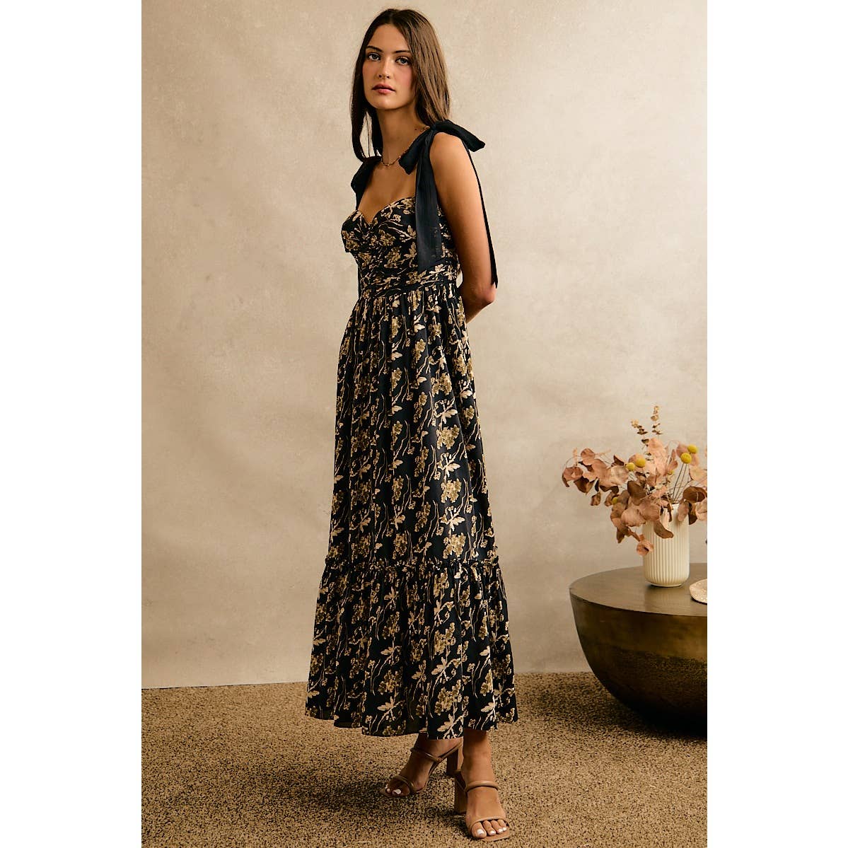 So Me Floral Print Ribbon Strap Maxi Dress