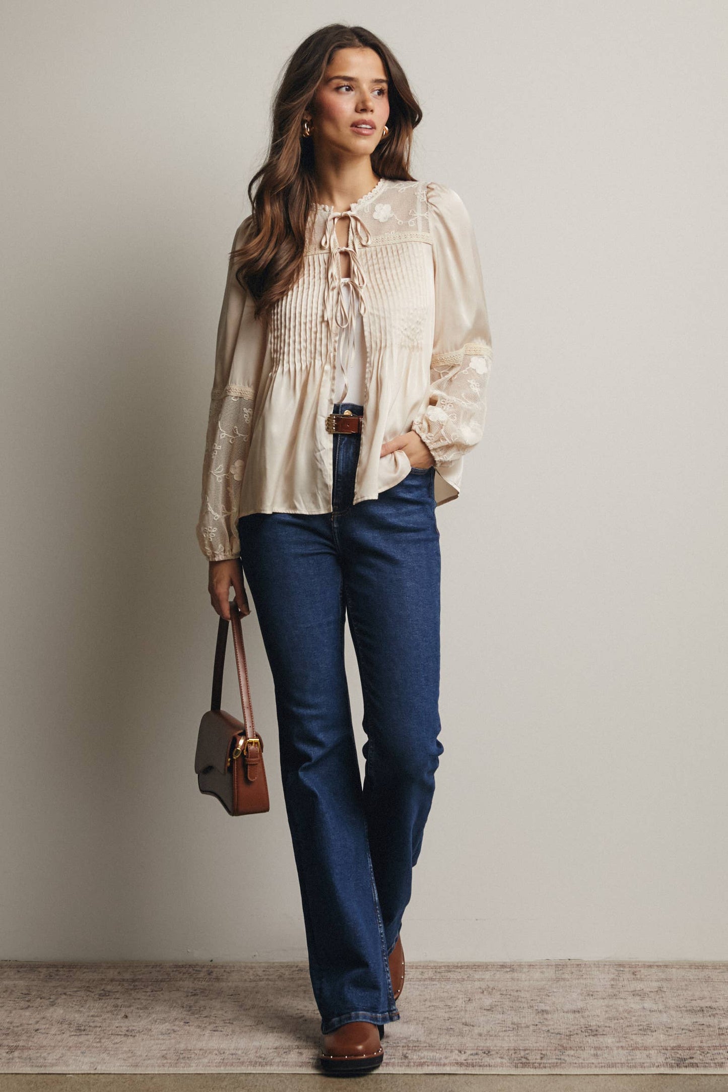 Embroidered Lace Tie-Front Blouse - 926 West