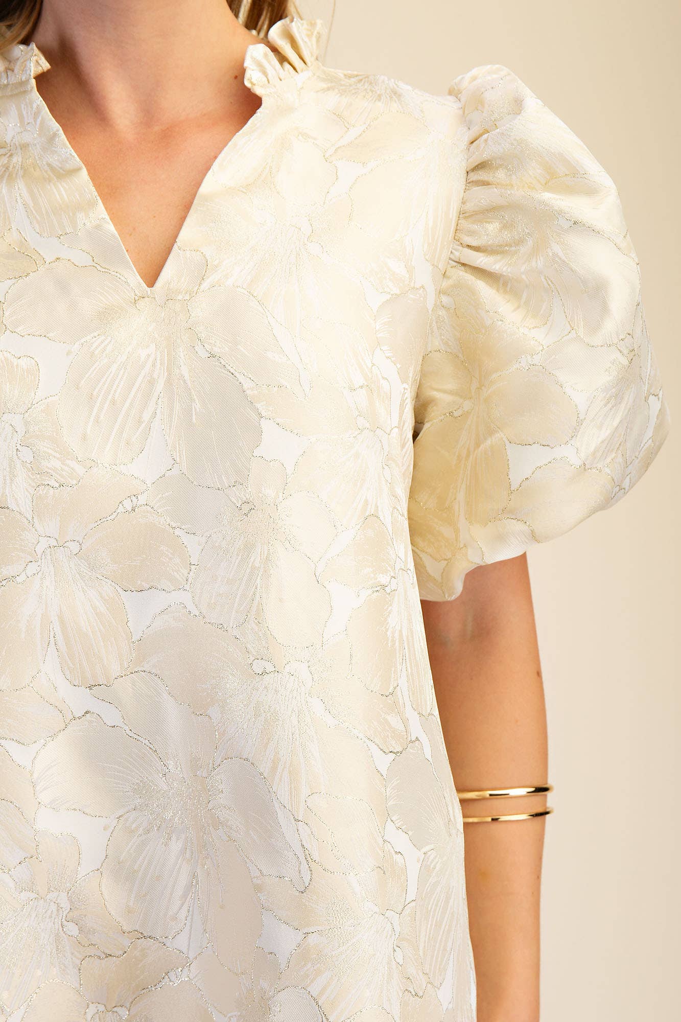 Glam Champagne Ruffle V-Neck Puff Sleeve Mini Dress - 926 West