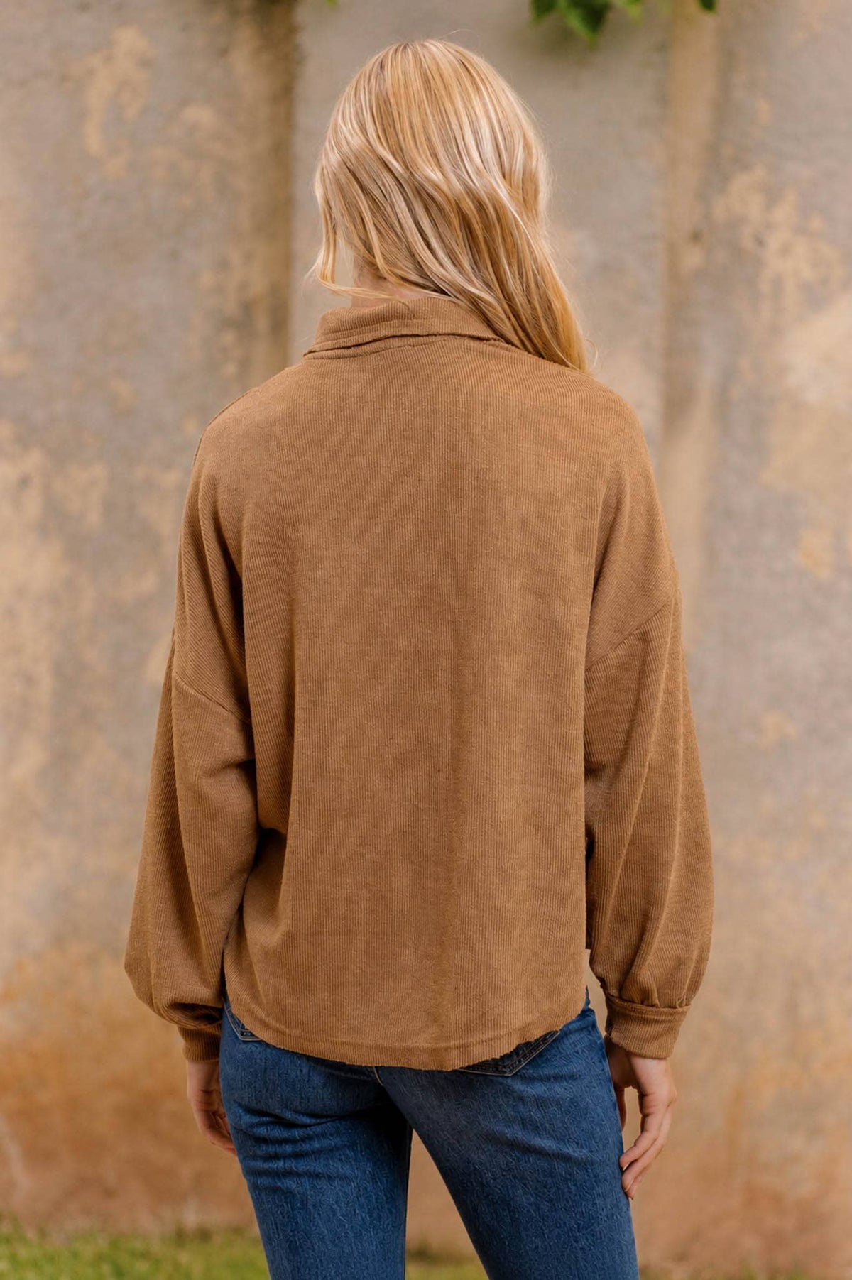 Blu Pepper Almond Collared Raw-Edge Knit Top