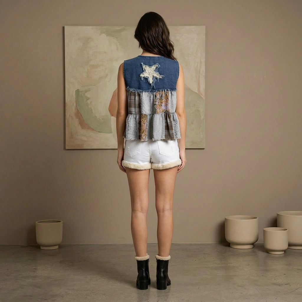 Boho Chic Mixed-Print Denim Tiered Crop Top
