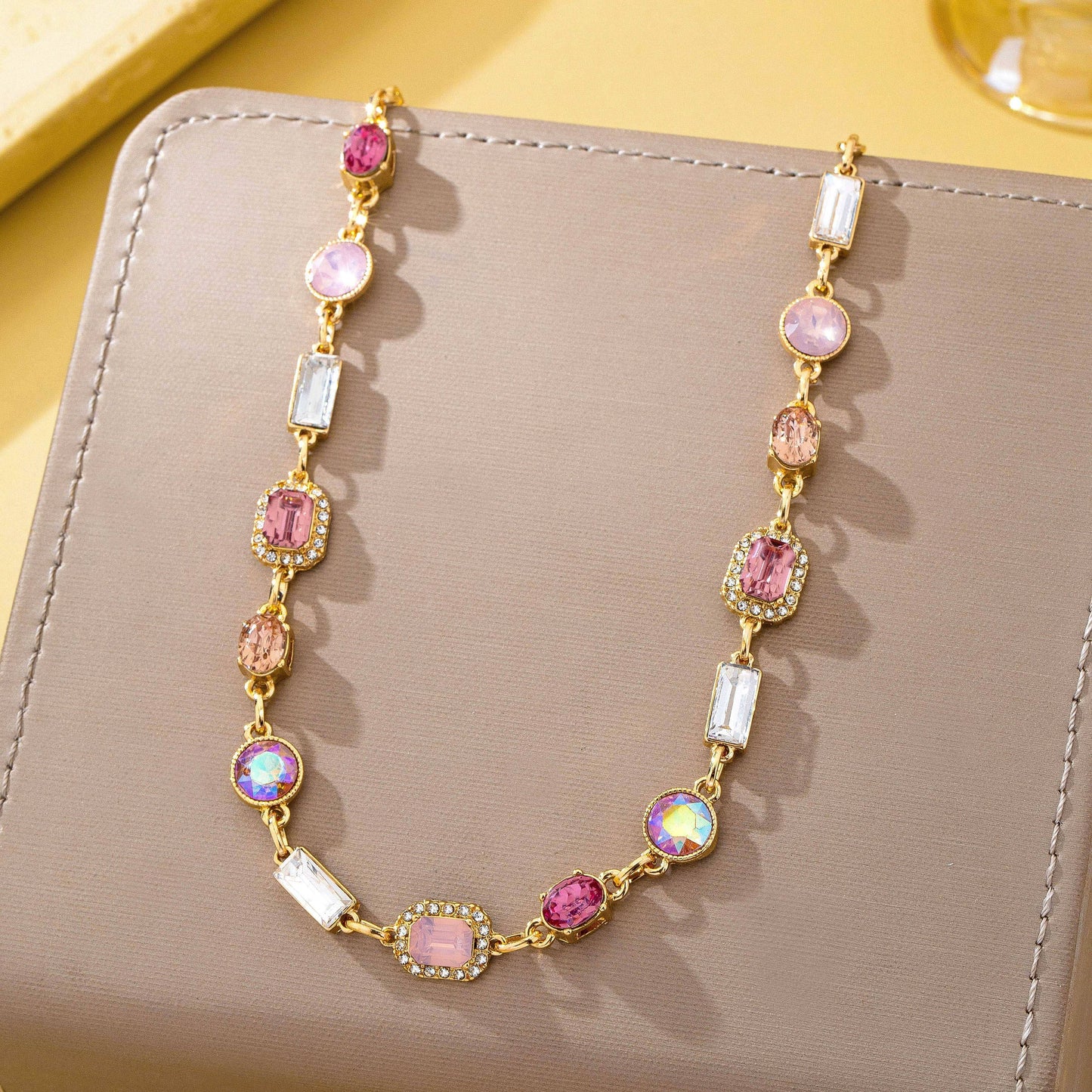 Mixed-Shape Pink & Clear Crystal Station Necklace