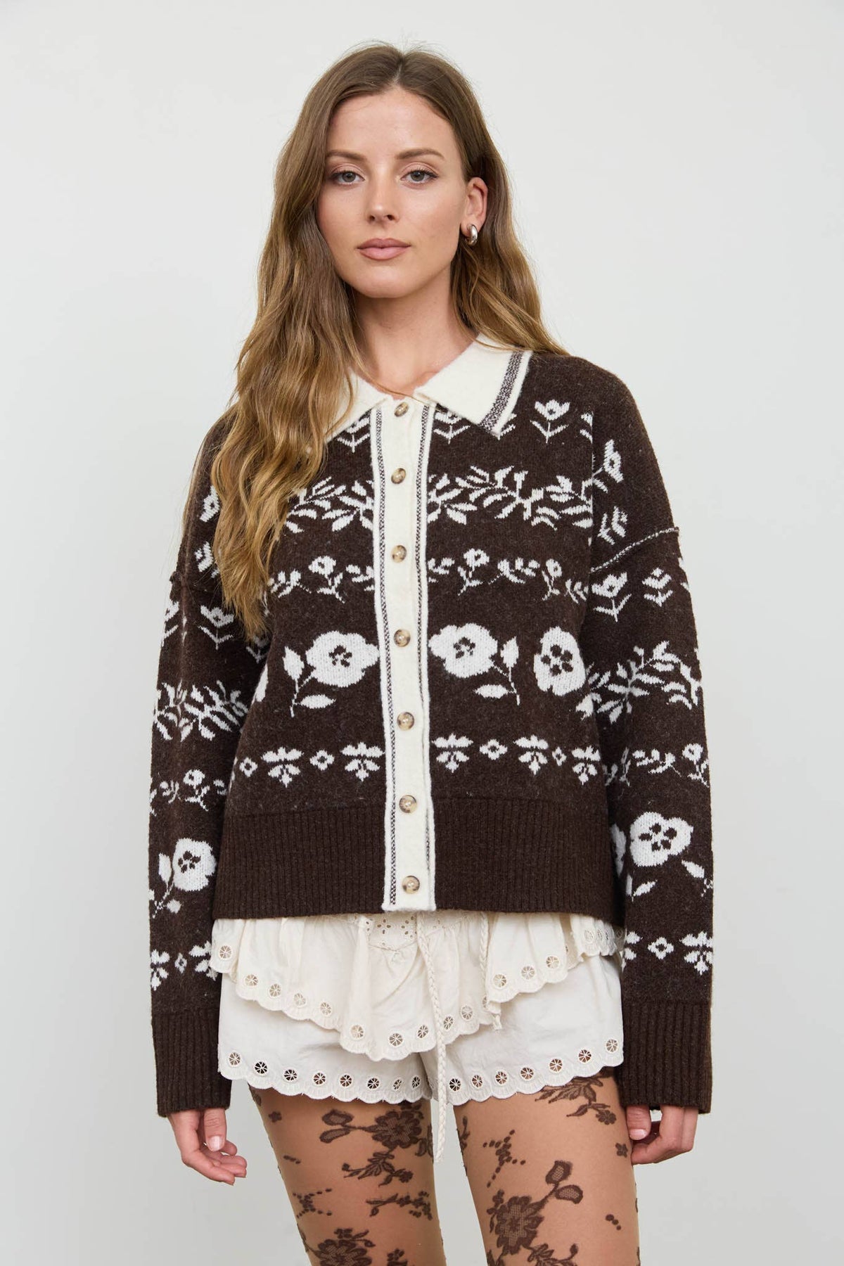 Floral Jacquard Contrast-Collar Cardigan