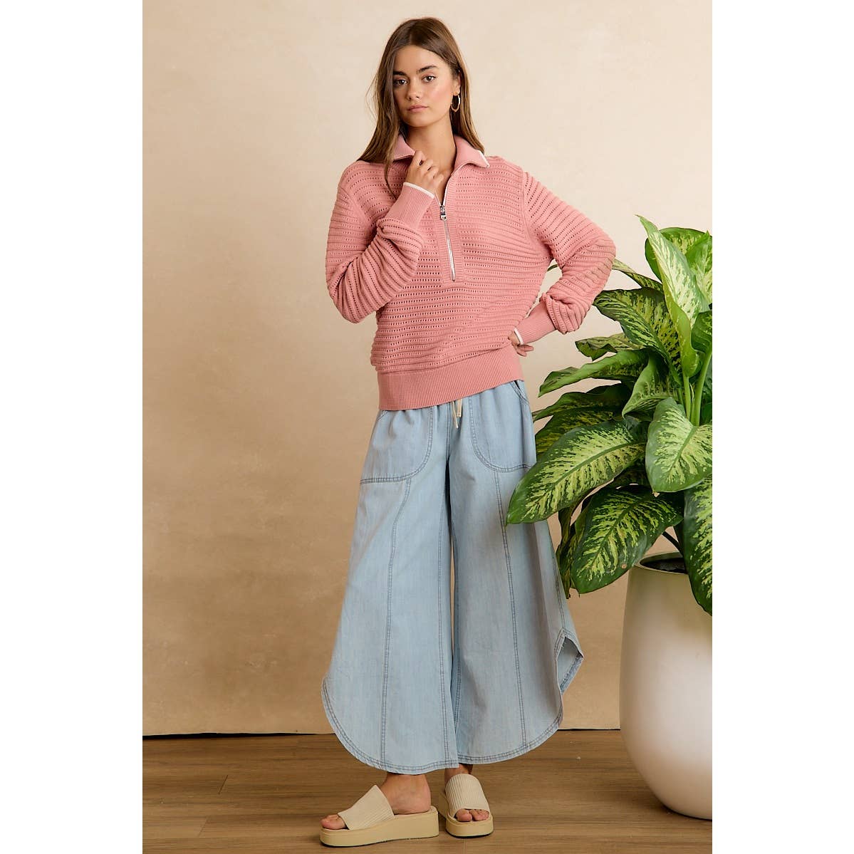 BiBi Washed Denim Tulip-Hem Pants with Pockets