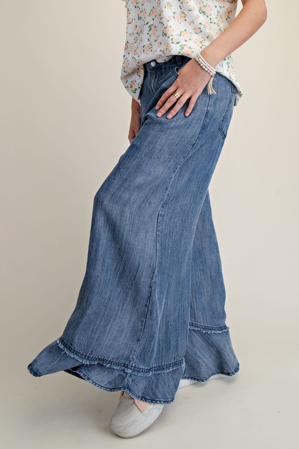 Easel Chambray Mineral Washed Wide-Leg Pants