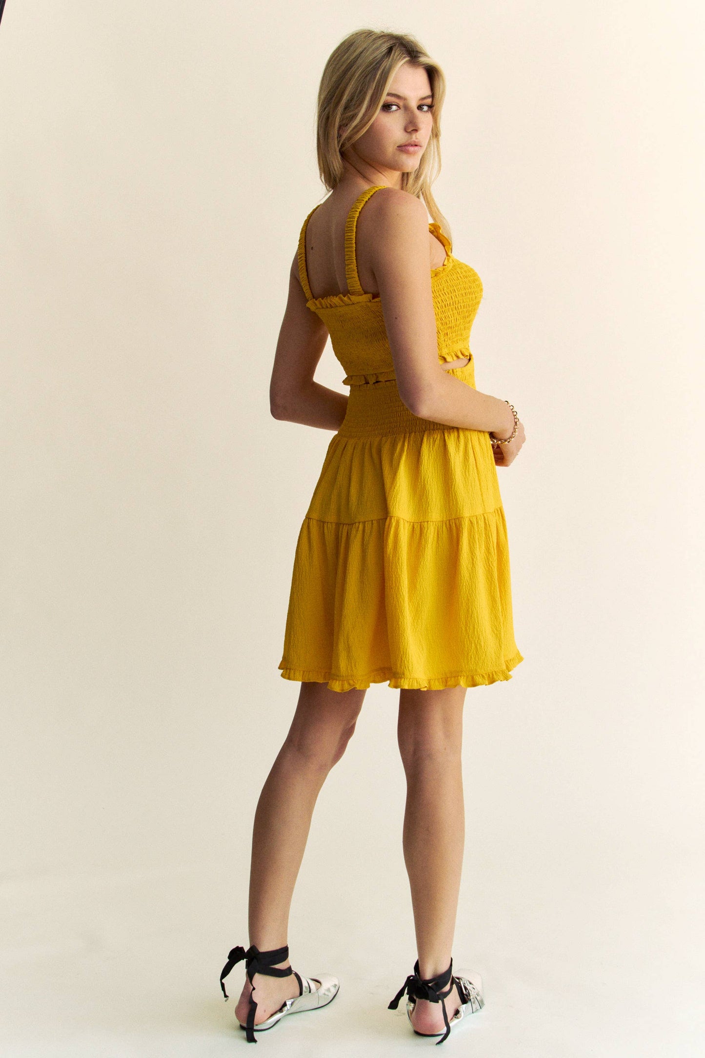 TEXTURED OPEN BACK SMOCKING CUT OUT MINI DRESS 926 WEST