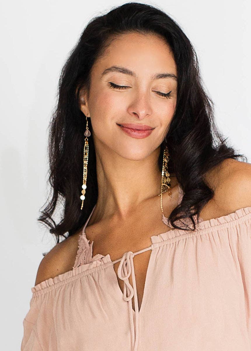 Sagitta Rose Quartz Gold Chain Earrings