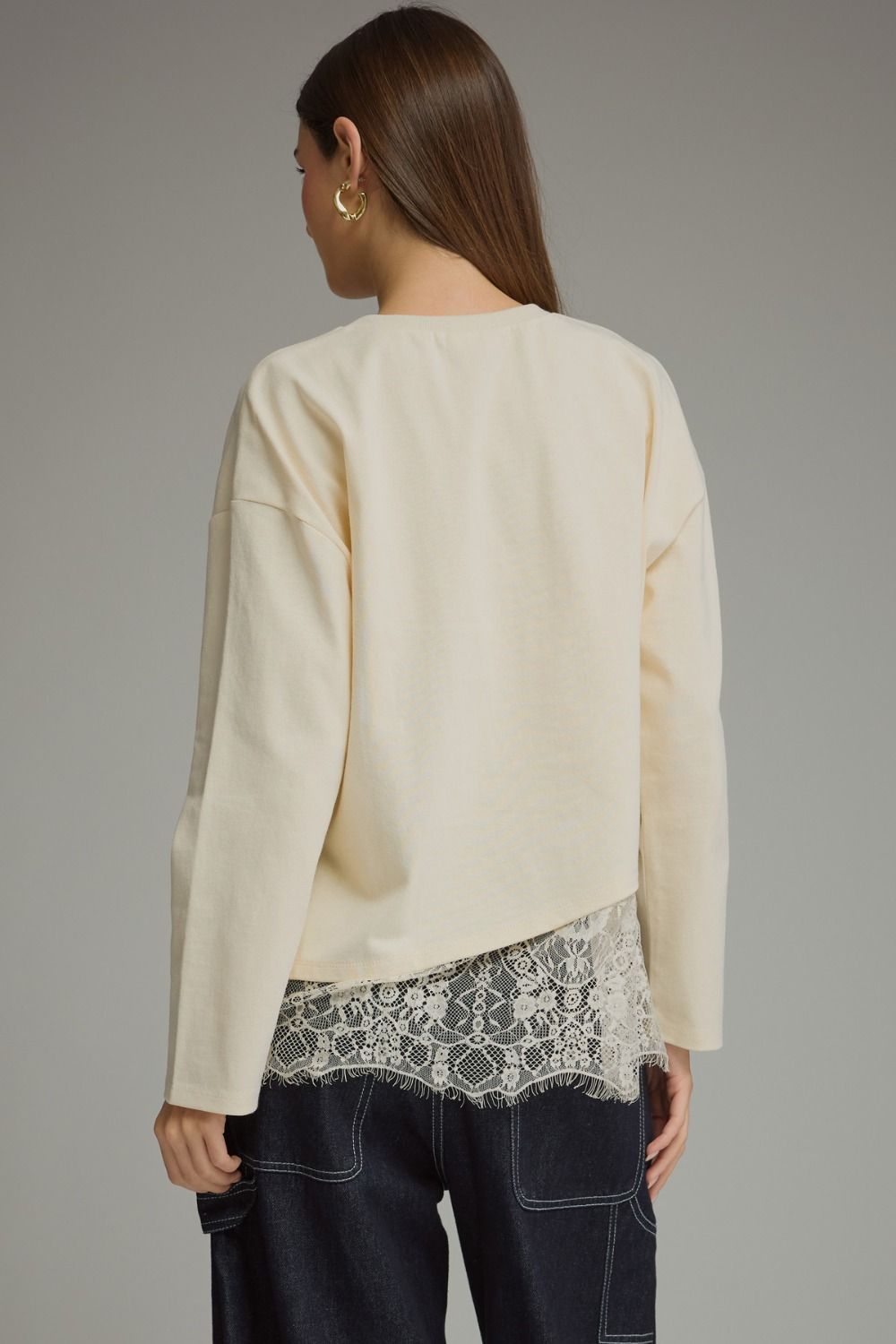 Entro Long Sleeve Top with Layered Lace Hem