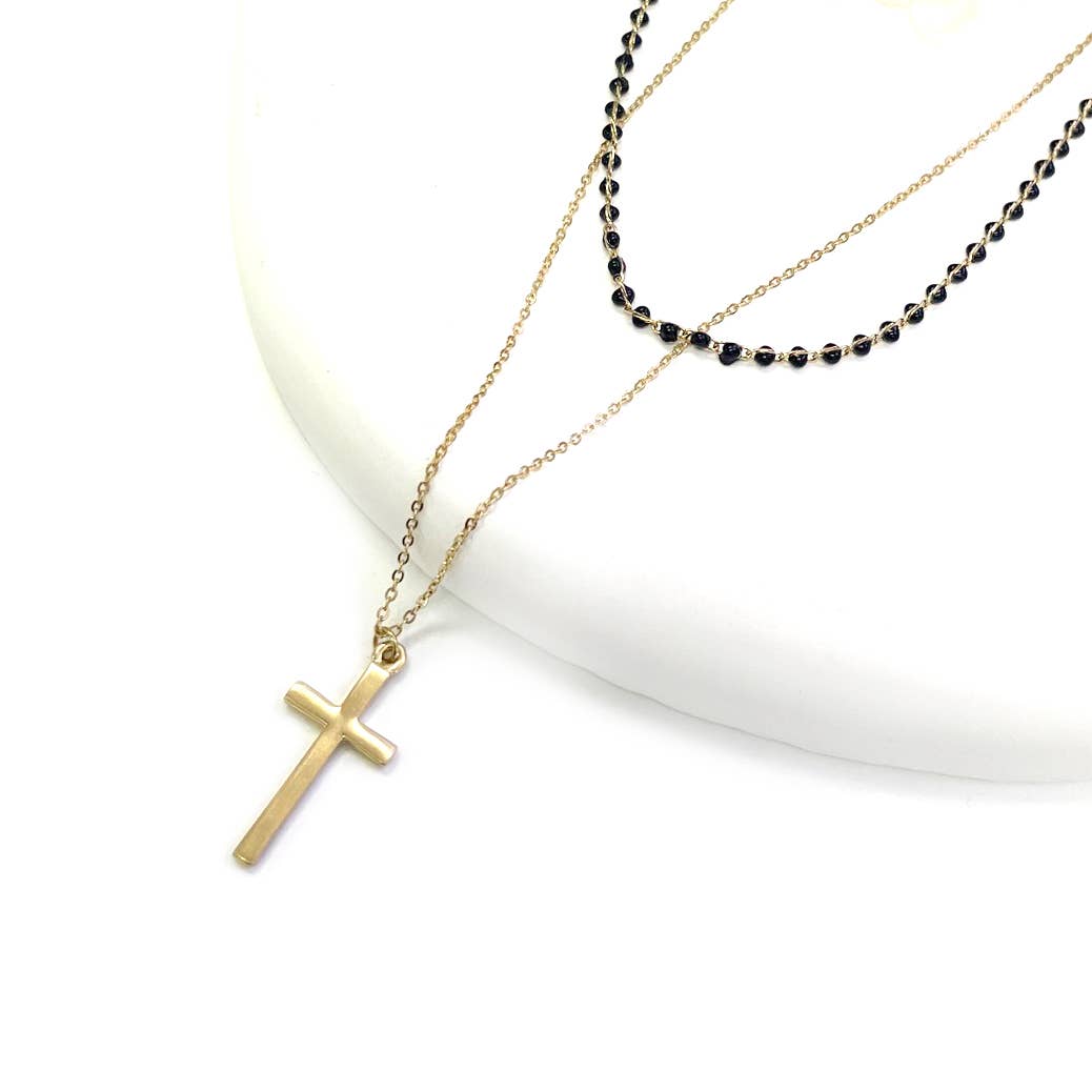 Epoxy Enamel Beaded Chain with Cross Pendant Necklace - 926 West
