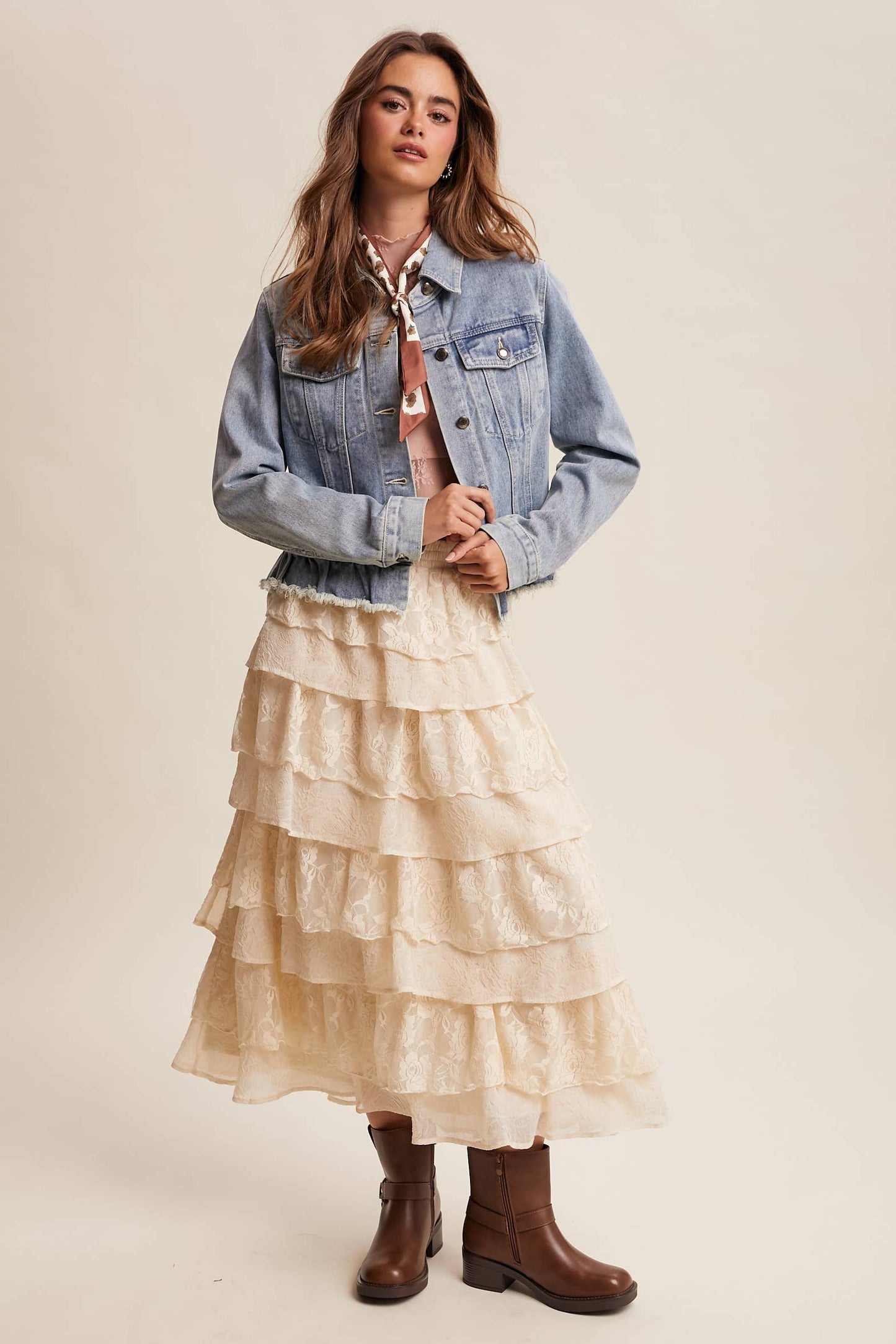 Ruffled Hem Denim Jacket in Light Wash