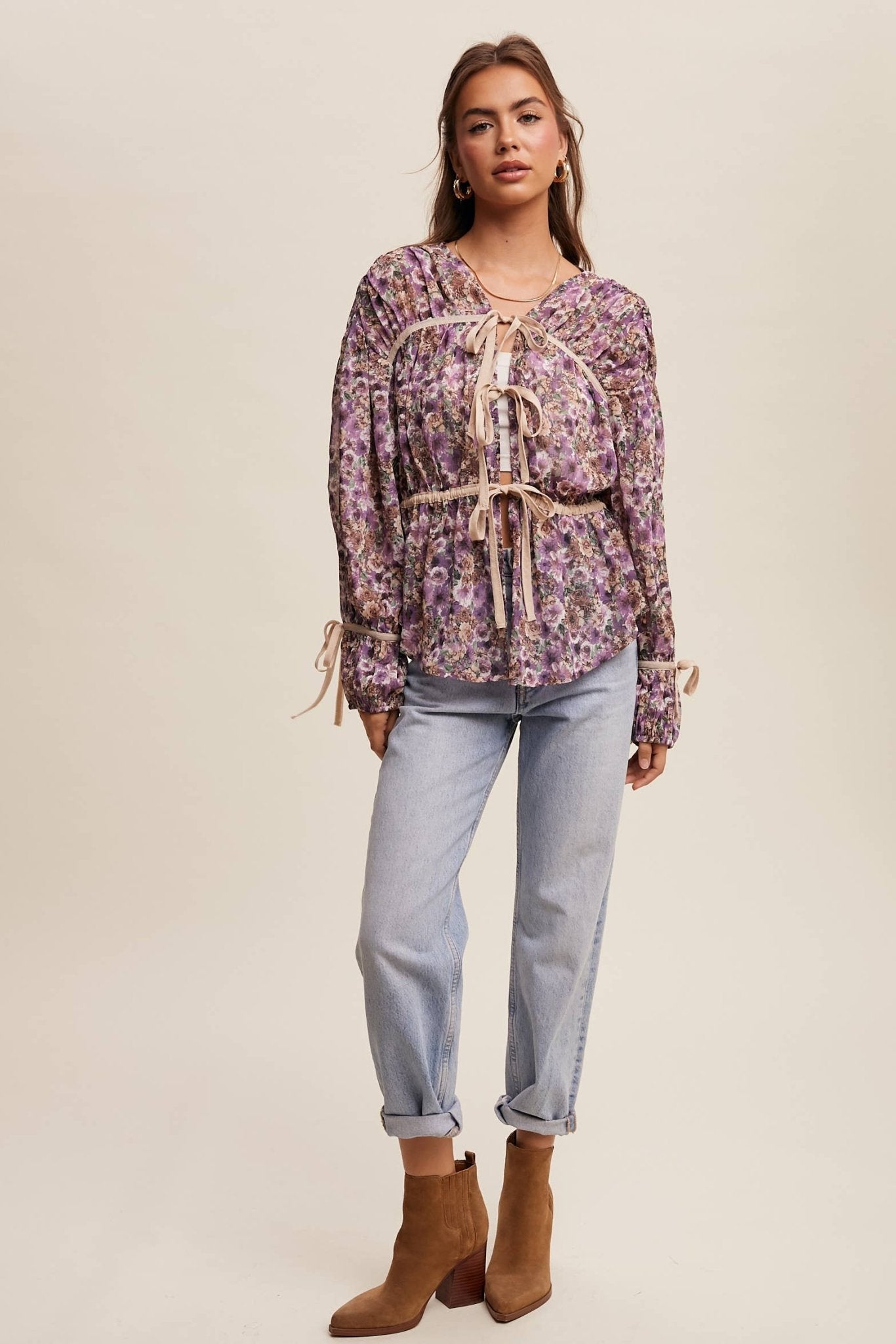 Floral Printed Sheer Blouse with Tie Accents - 926 West