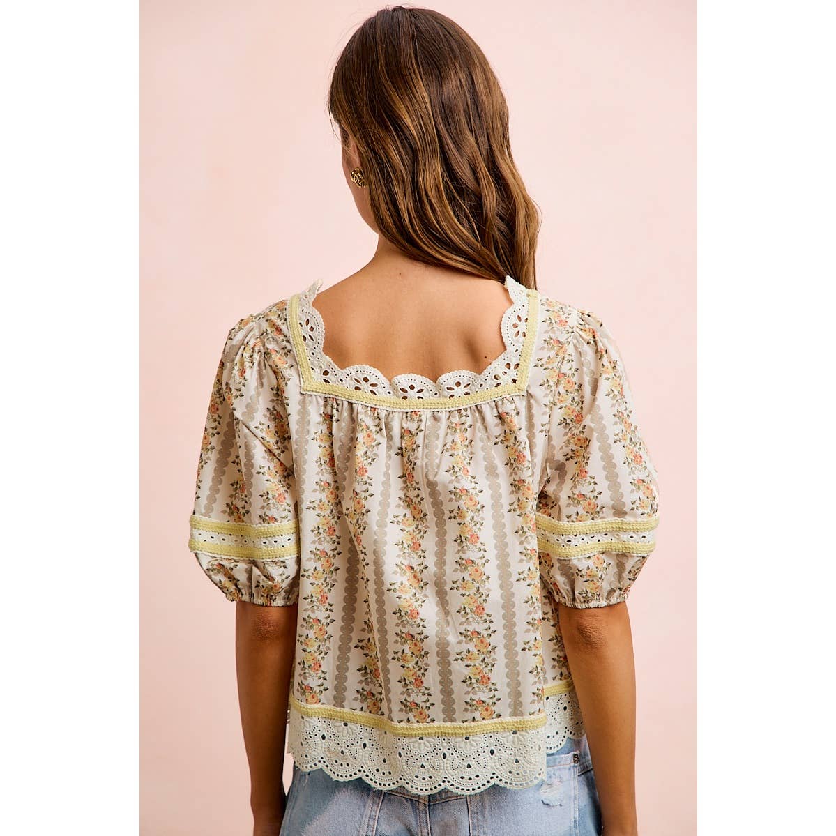 Floral Stripe Lace Trim Blouse Top - 926 West