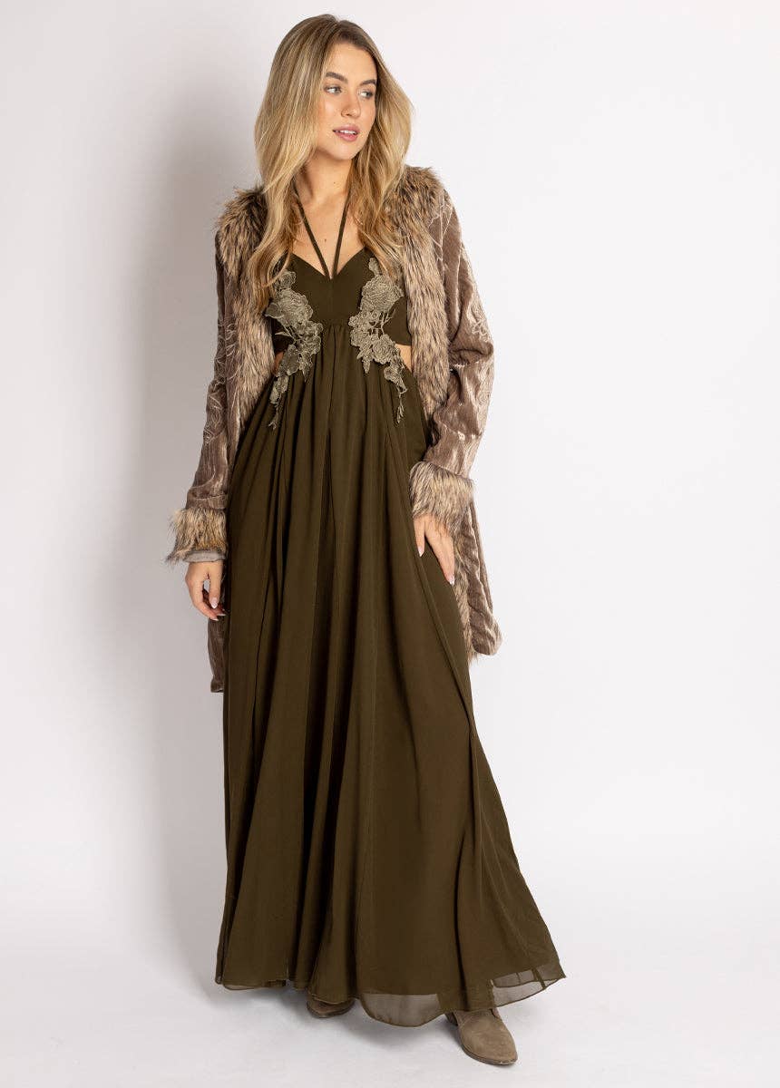 Mari Embroidered Maxi Dress in Deep Moss - 926 West