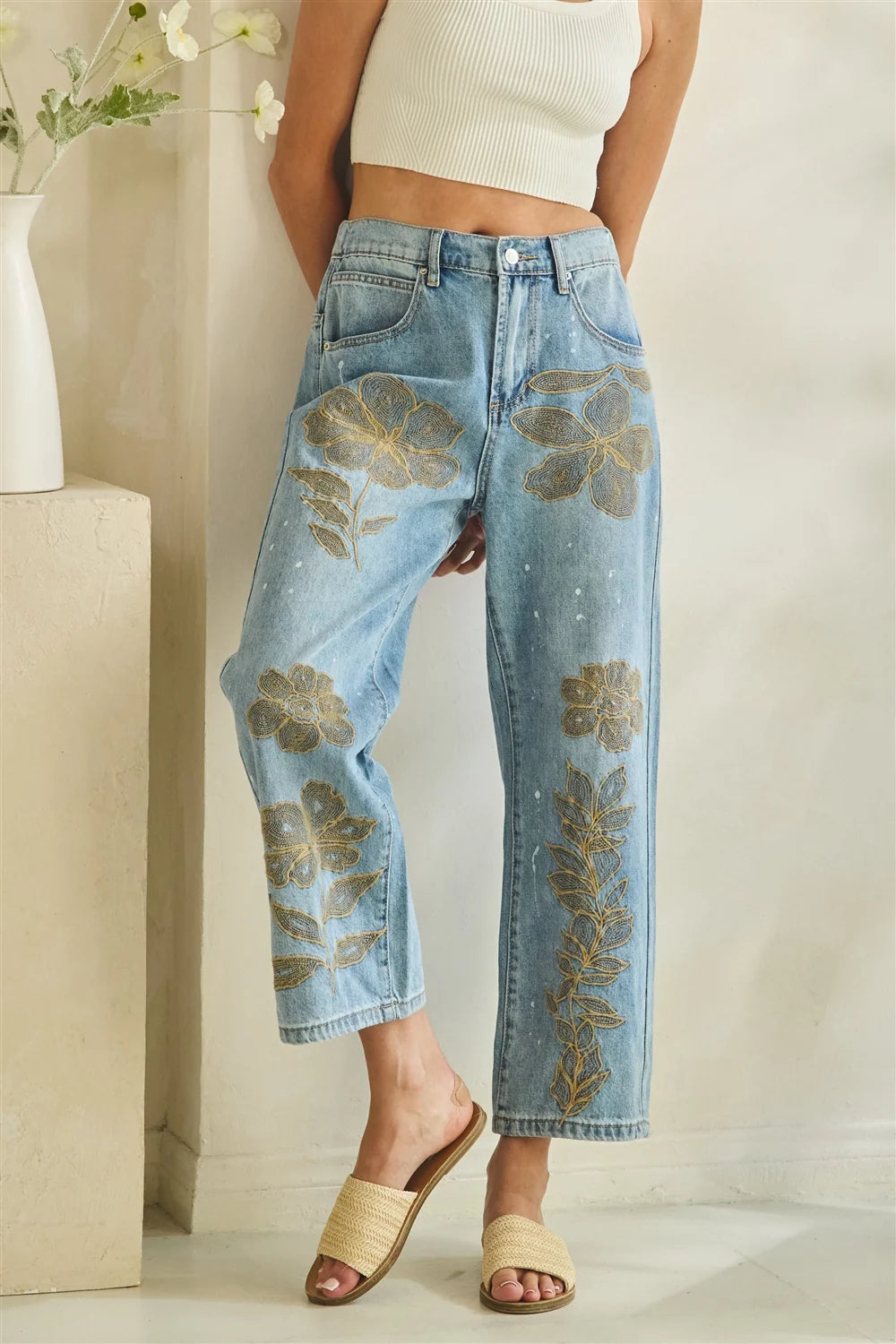 Oli & Hali Washed Floral Embroidered Denim Pants