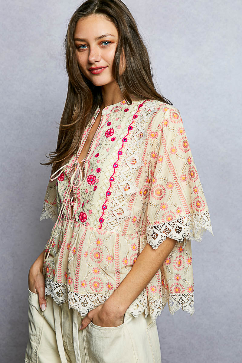 POL -Delicate Hand Embroidery Airy Top
