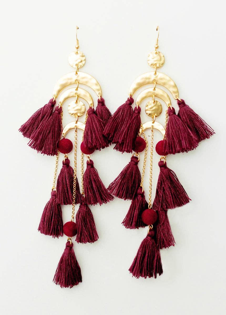 Pomla Tassel Pom-Pom Earrings in Burgundy - 926 West