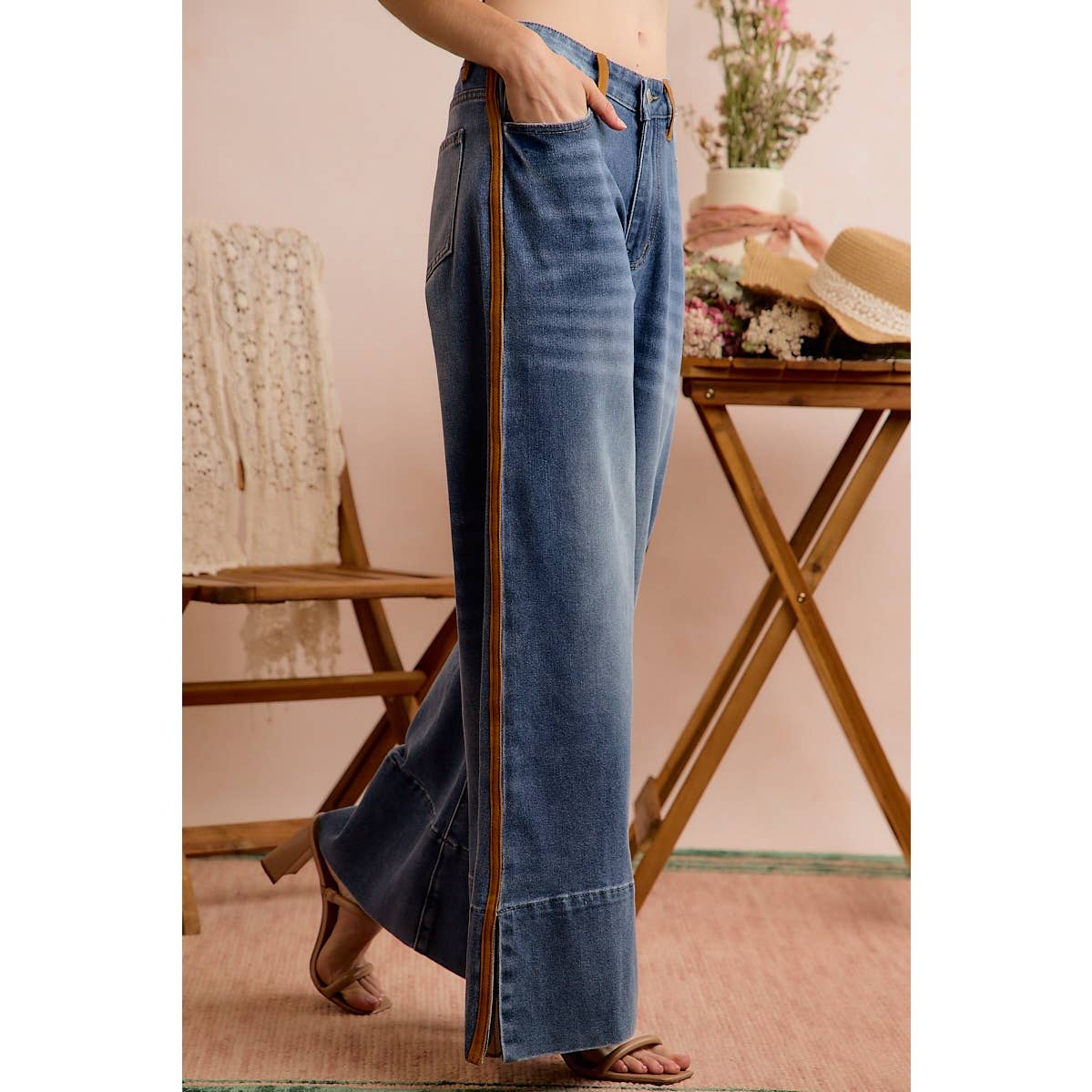Wide-Leg Flare Washed Denim Jeans with Side-Seam Detail
