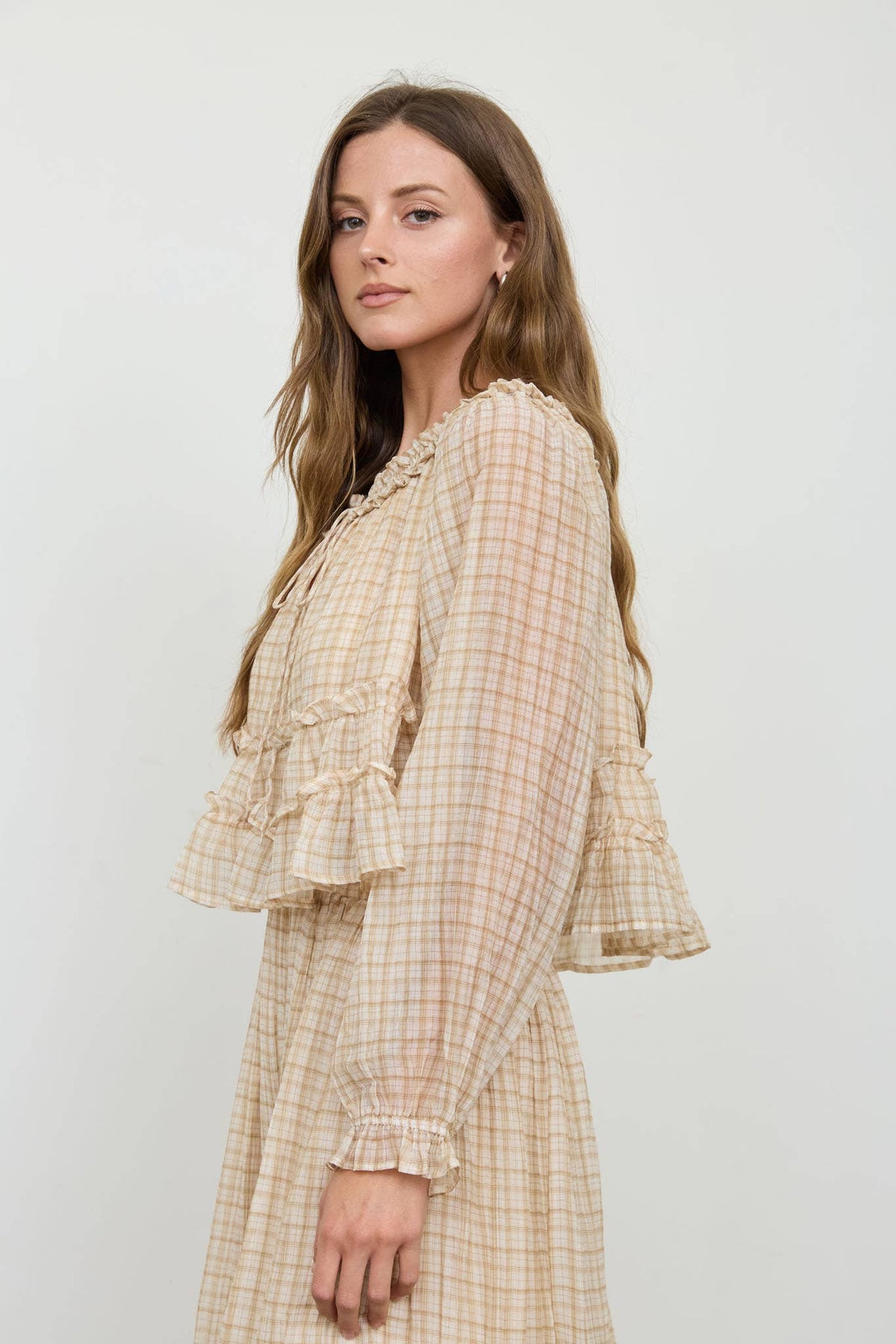 Khaki Plaid Smocked Puff Sleeve Top