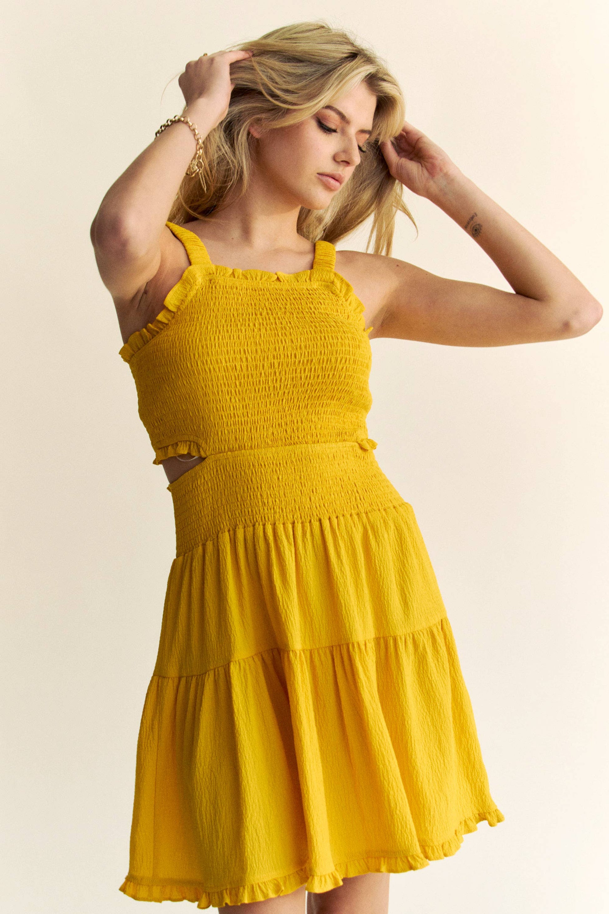 TEXTURED OPEN BACK SMOCKING CUT OUT MINI DRESS 926 WEST